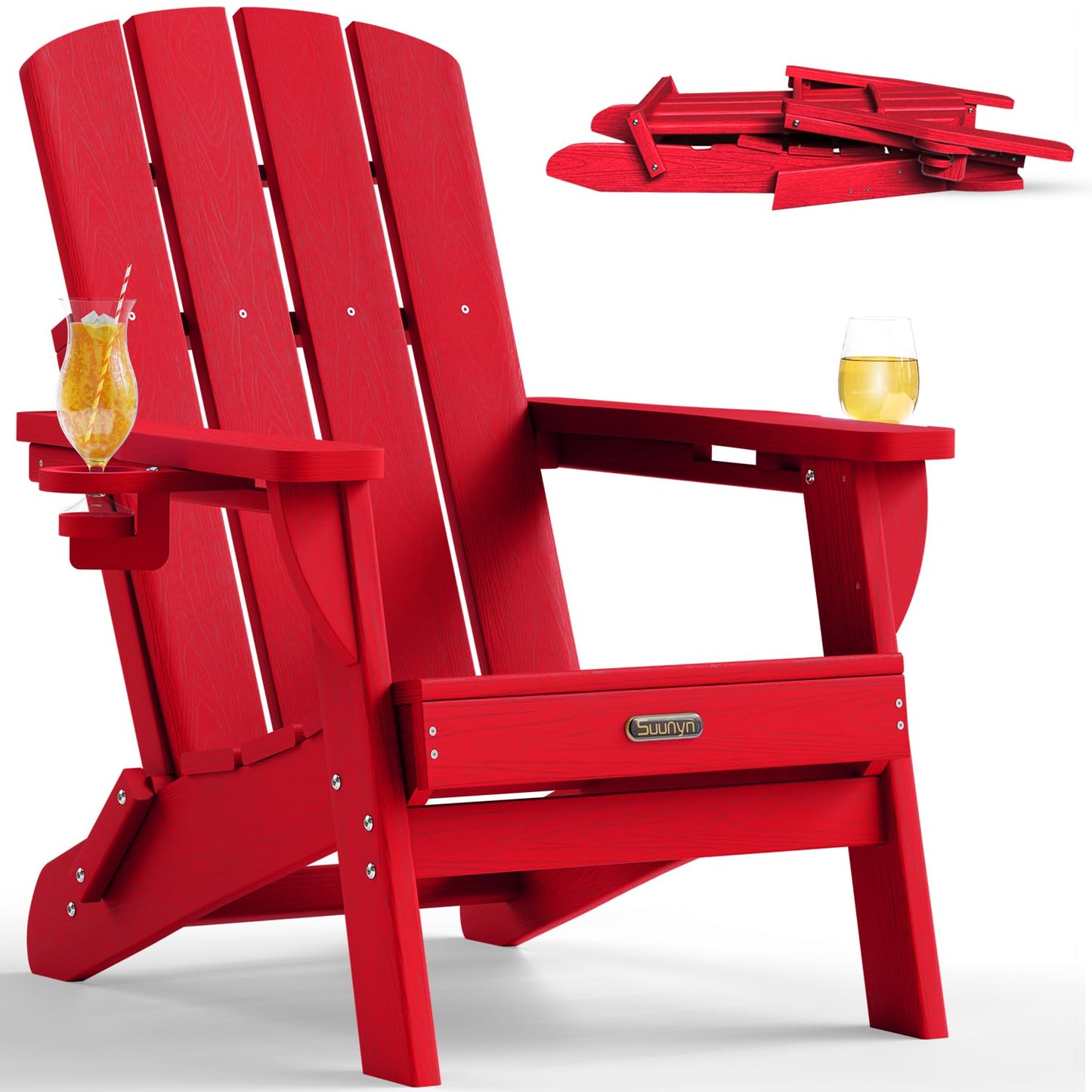 SUUNYN Folding Adirondack Chair, HDPE Adirondack Chairs with 2 Cup Holder, Plastic All-Weather Fire Pit Chairs, Outdoor Lawn Chair for Patio Garden (Red)