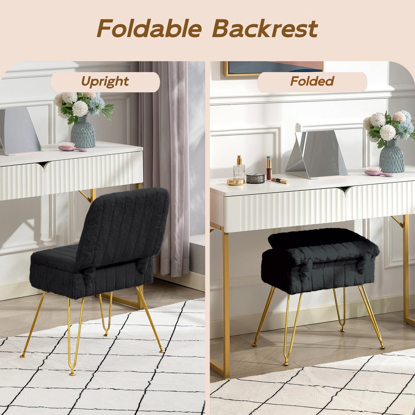 Manyday Vanity Chair with Storage, Comfy Ottoman with Folding Back, Faux Fur Vanity Stool with 4 Metal Legs for Make Up, Furry Padded Seat with Anti-Slip Feet for Bedroom Dressing Room, Black