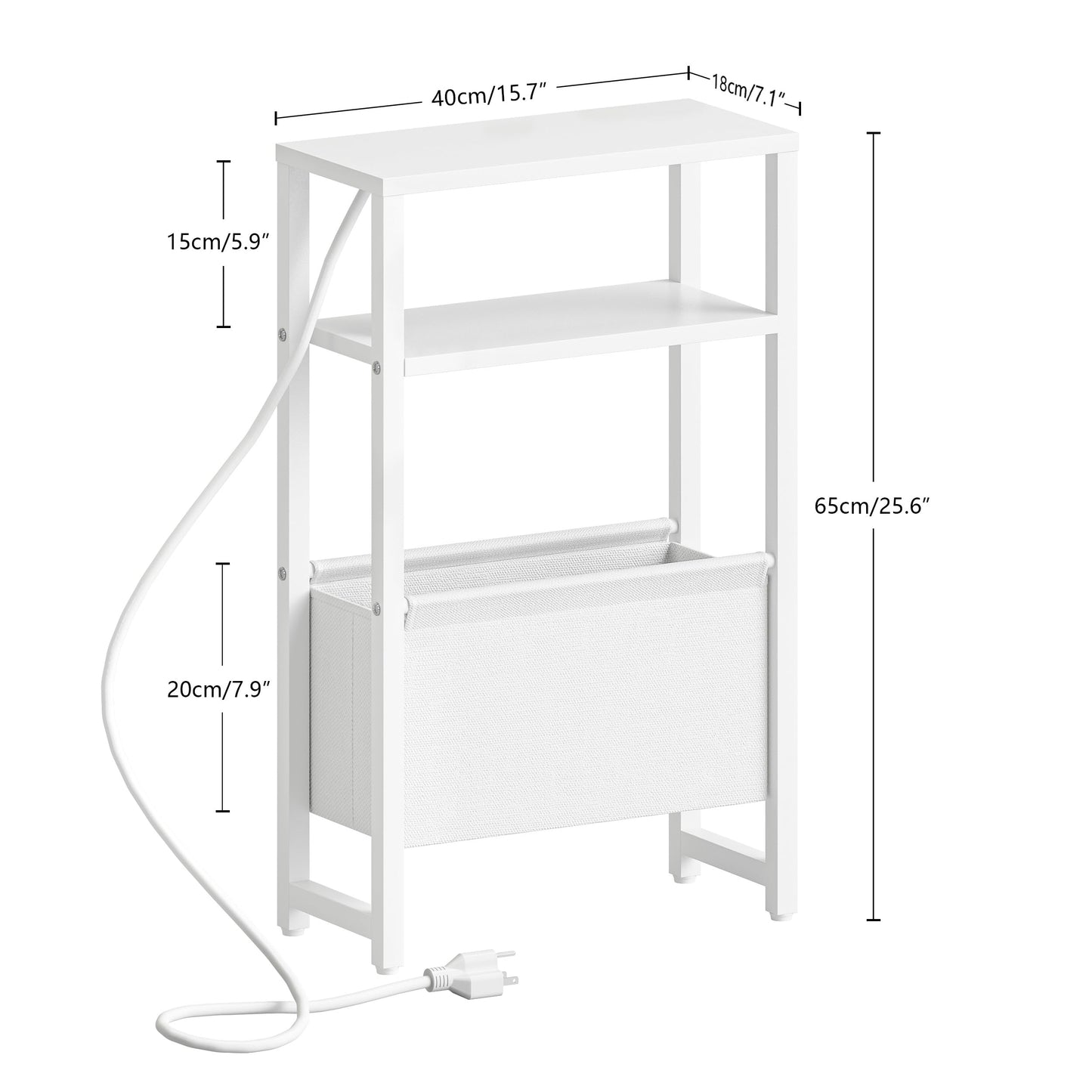 IRCPEN Narrow Side Table with Charging Station Slim End Table Sofa with Magazine Rack, Bedside Table for Small Spaces, 3 Tier Nightstand for Living Room Couch, Bedroom White LET503WE