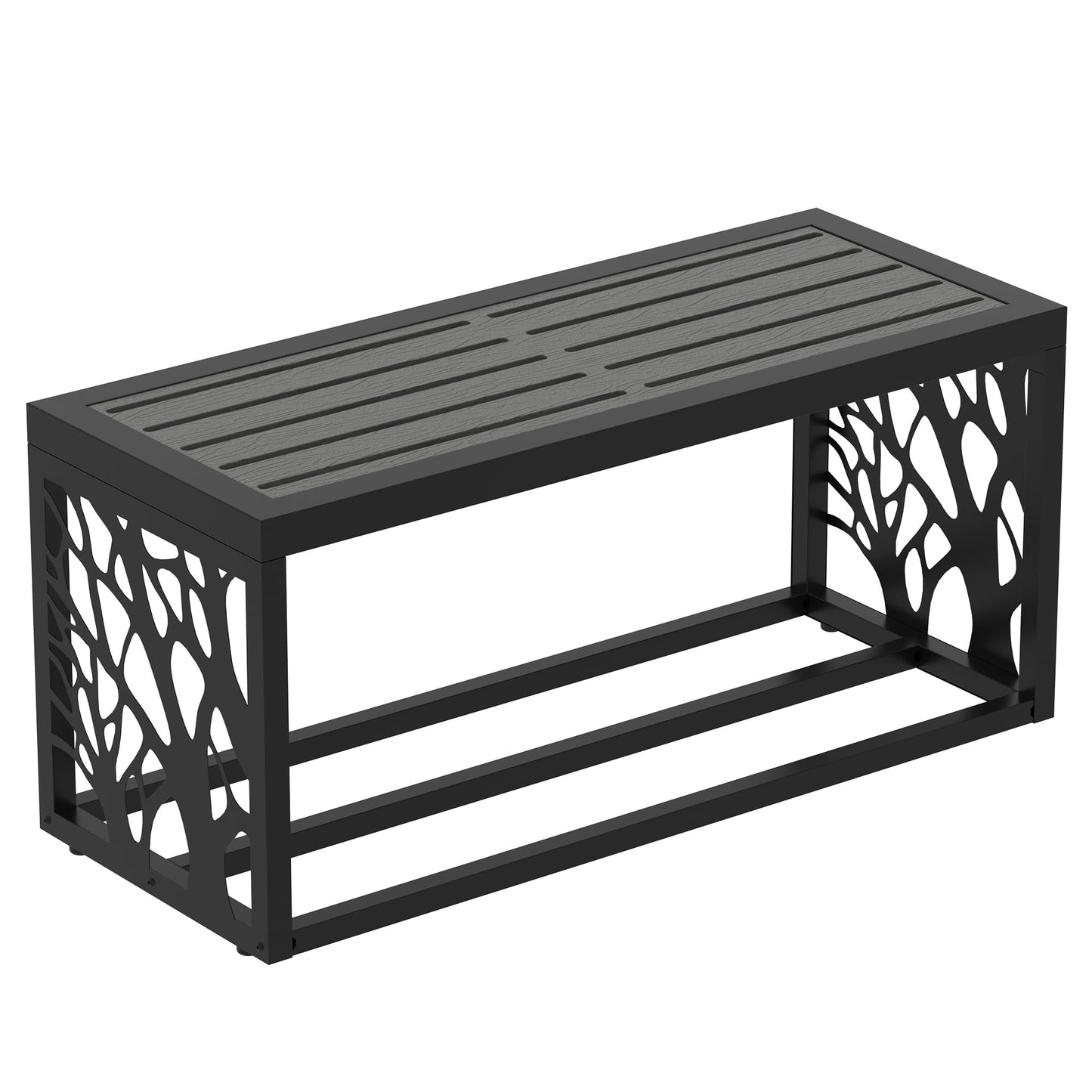 Orbotots 37" Outdoor Garden Bench with Storage Shelf, Modern Black Entryway Bench, Wood-Grain HDPE Seat, Galvanized Steel Frame with Powder Coating for Porch, Yard, Patio, Tree