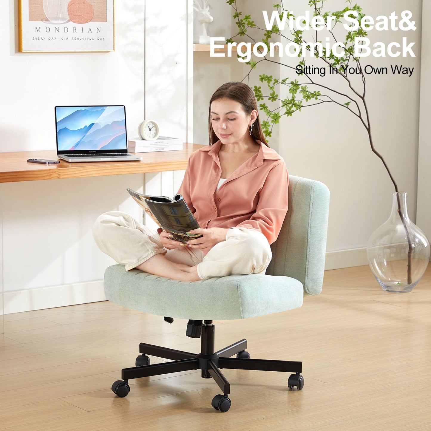 TUKAKA Criss Cross Chair with Wheels,Thick Padded Fabric Cross Legged Office Desk Chair with Pocket Springs Cushion,Dual-Purpose Base,Wide Adjustable Computer Home Office Vanity Chair,Mint Green