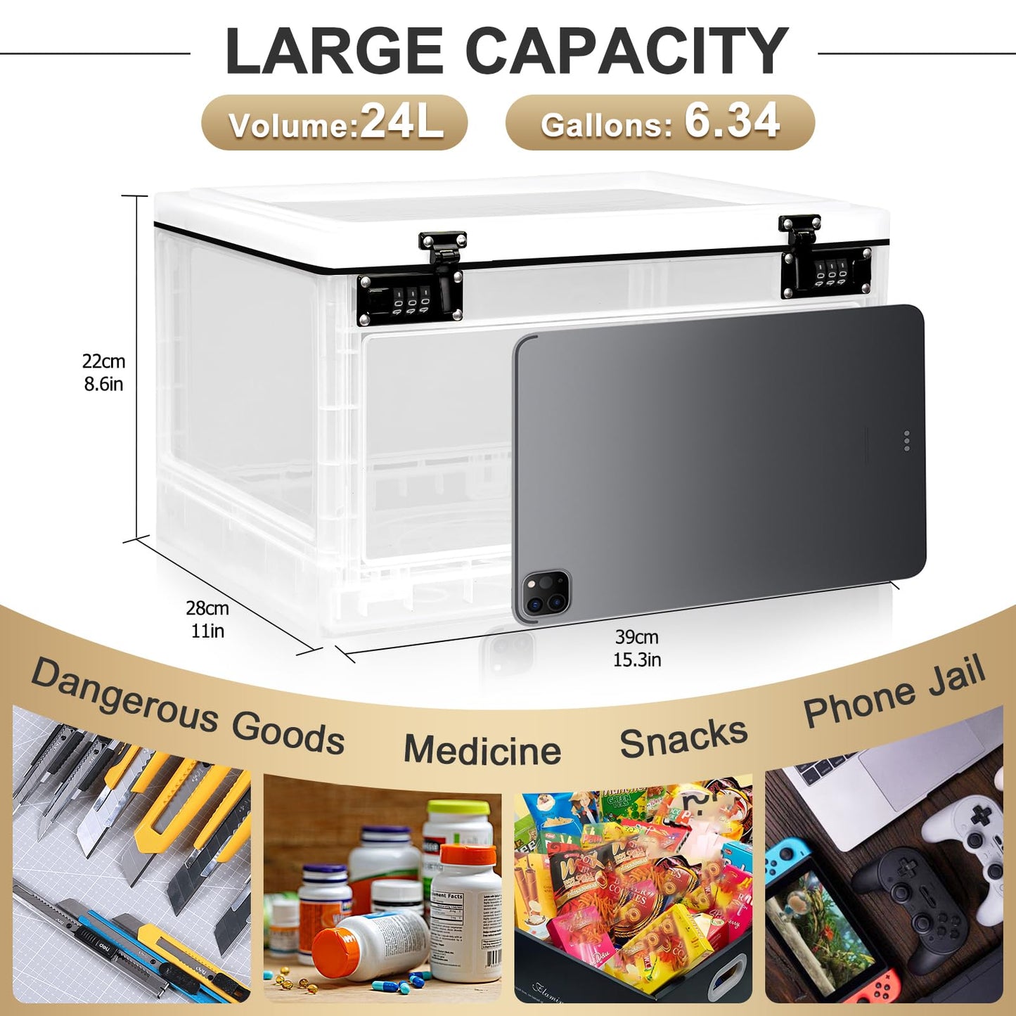 Lalifebuss Large Lock Box for Personal Items, 24 Litre Combination Lockable Storage Box for Office Locker/School/Medicine/Snacks/Phone Jail/Electronic/Home