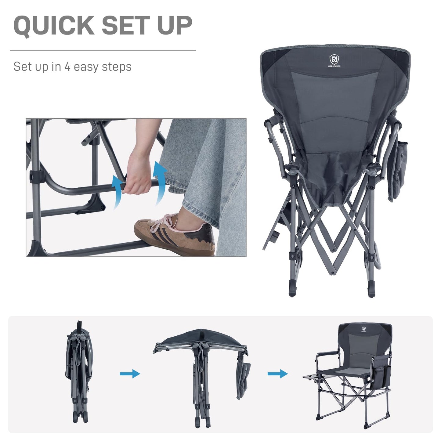 EVER ADVANCED Camping Directors' Chair with Side Table, Portable Folding Chair with Compact Size, Heavy Duty Lawn with Pocket for Camping, Lawn, Sports and Fishing, 400lbs, Grey