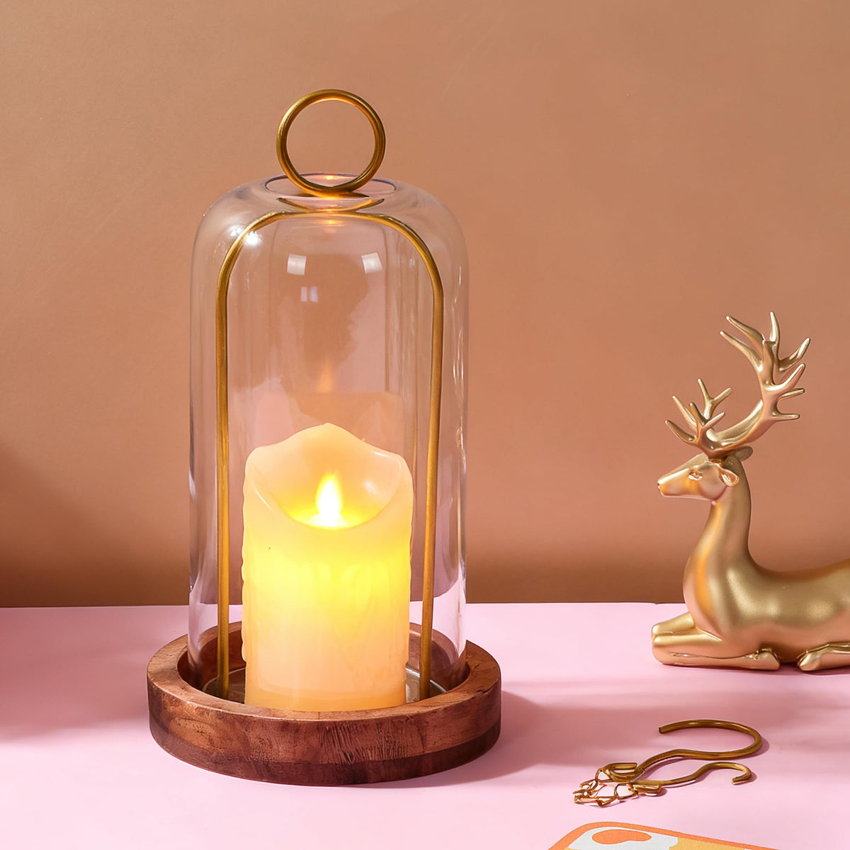 12" High Versatile Vintage Brass Metal Candle Holder with Handmade Sturdy Glass Dome and Natural Wooden Base for Pillar Candle & Plants, Industrial, Farmhouse, Shabby Chic, Display Cloche Bell Jars
