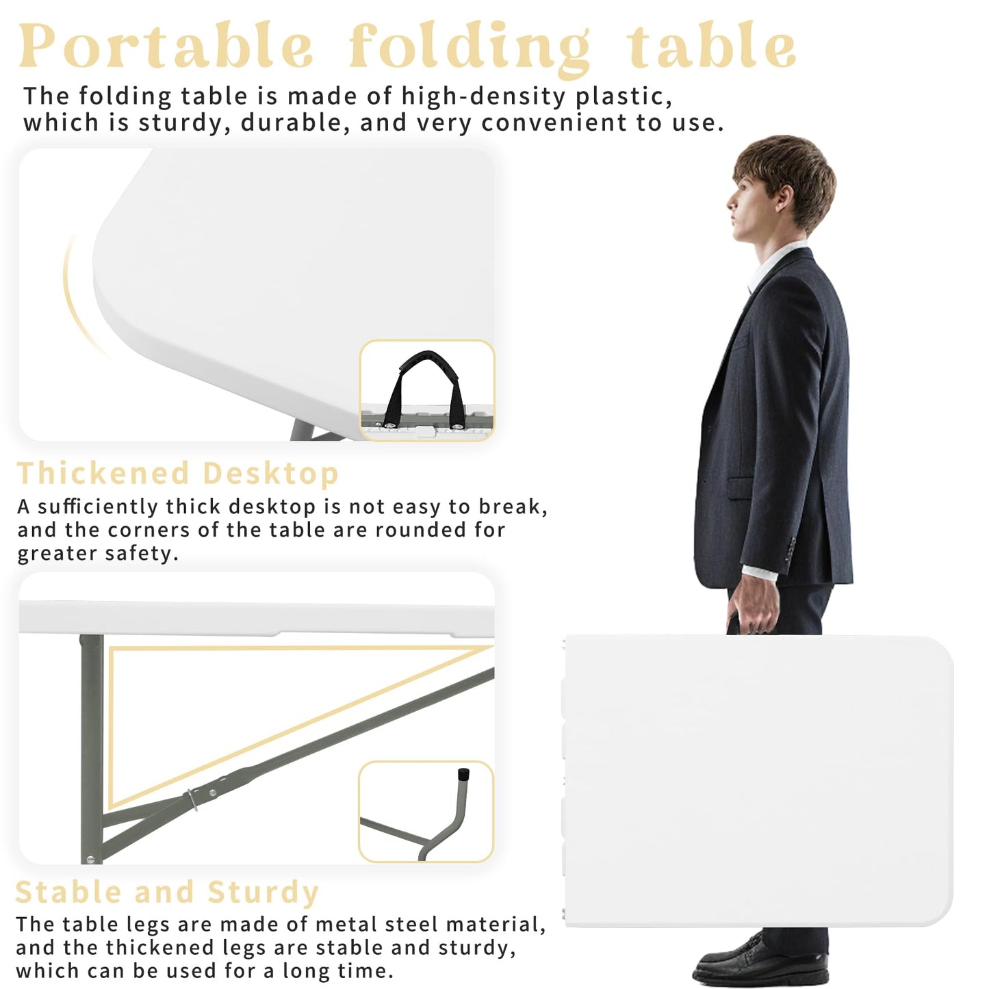 Set of 2 Folding Table 6 FT Lightweight Camping Table White Portable Plastic Rectangular Outdoor Dining Table Steel Legs Fold-in-Half with Carrying Handle for Indoor,Picnic,Party,Wedding,Events