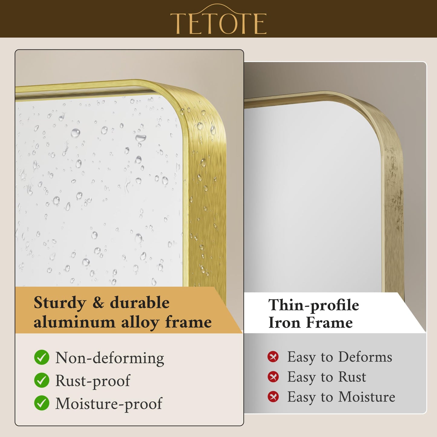 TETOTE Brushed Gold Bathroom Mirror, 24 x 30 Inch Metal Framed Mirror, Brushed Brass Rectangle Wall Mounted Golden Vanity Mirror (Horizontal/Vertical)