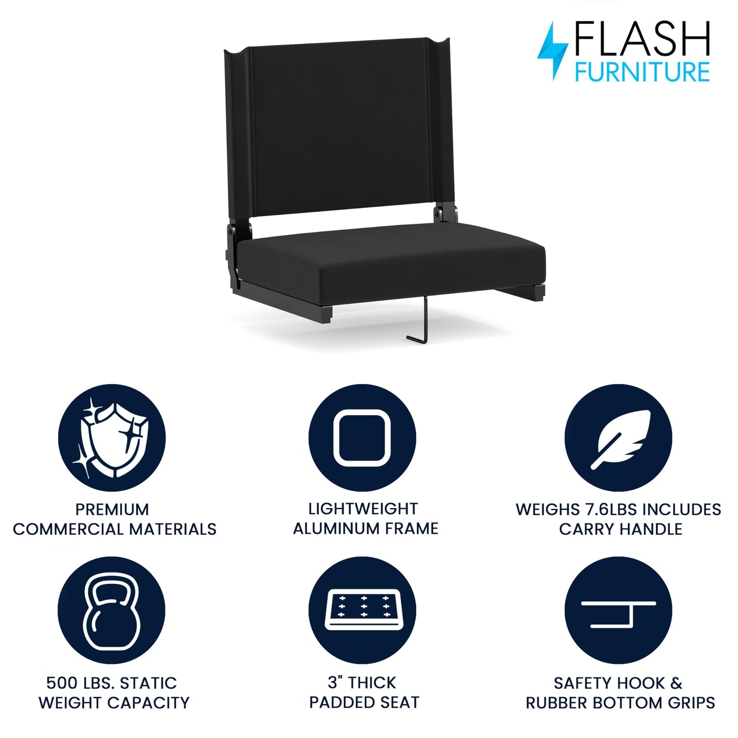 Flash Furniture Grandstand Portable Stadium Seat for Bleachers or Benches, Folding Padded Stadium Chair with Carrying Handle, 500 lb. Weight Capacity, Black