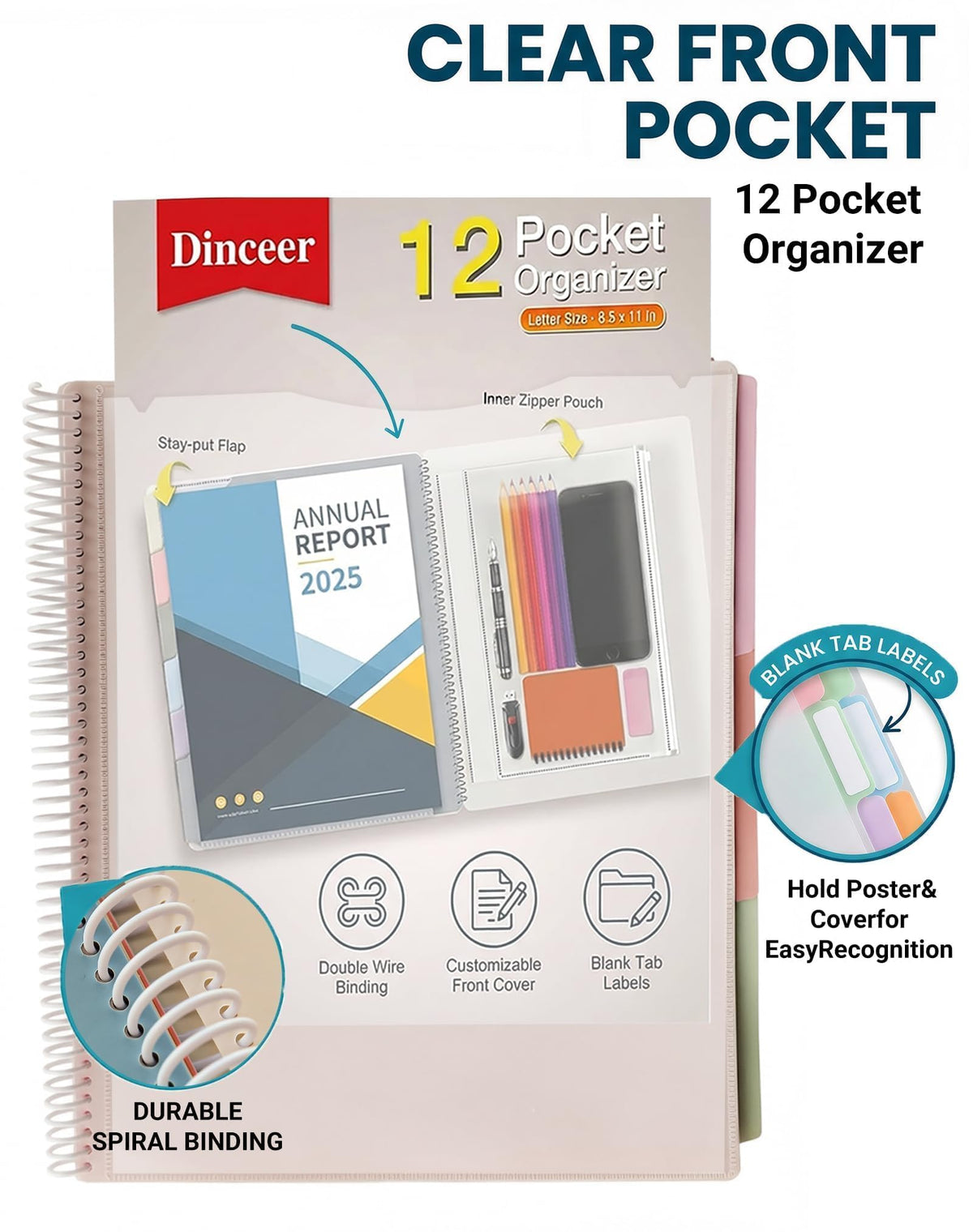 Dinceer 12 Pocket Spiral Project Organizer Folder, Morandi Color Multi Pocket Folder with Inner Zipper Pouch for School, Office, Bills and Documents