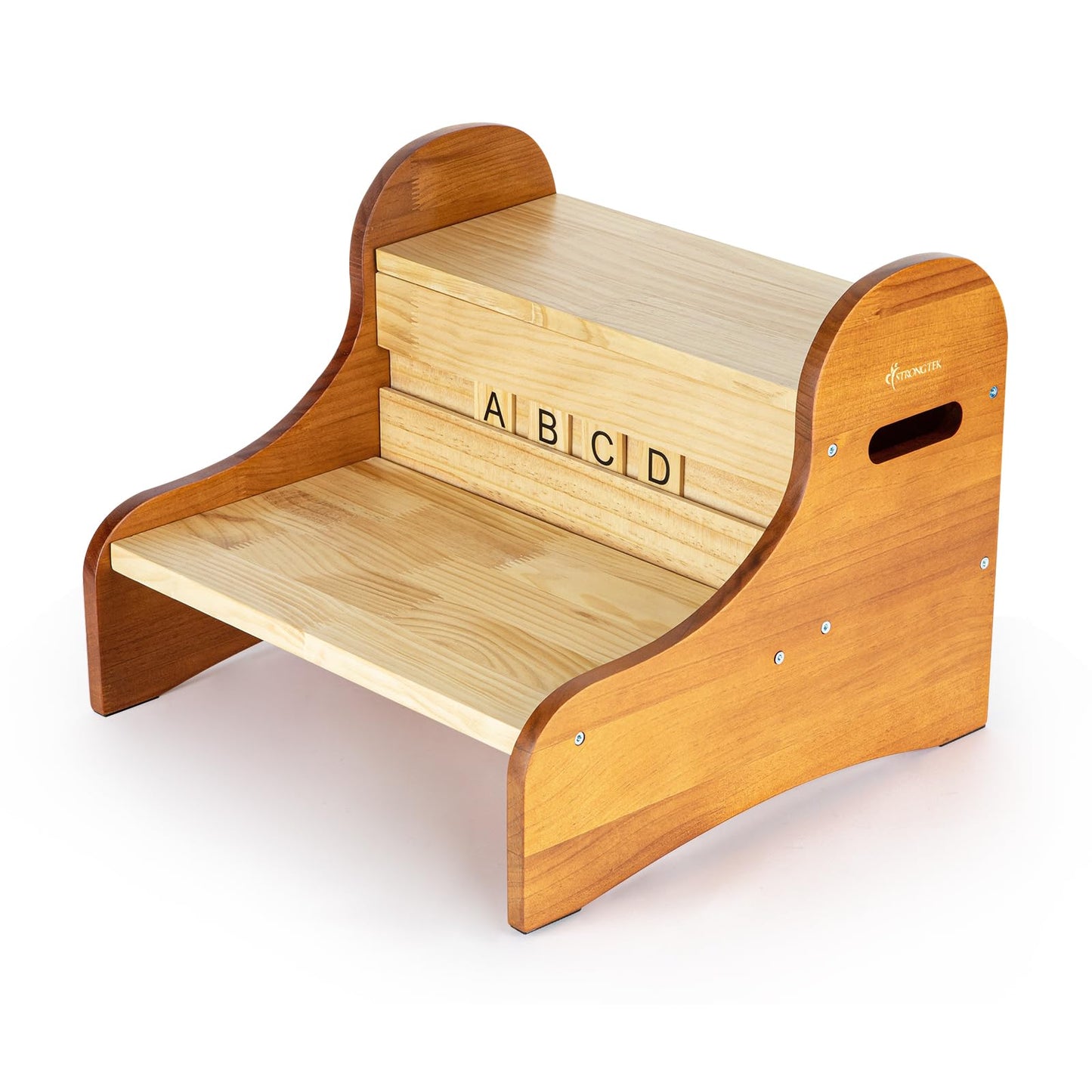 StrongTek Wooden 2-Step Stool, Lightweight Pine Wood Step Stool with Non-Slip Pads, Easy-Clean Personalized Name Display Stool for Bedroom, Playroom, and Home Use