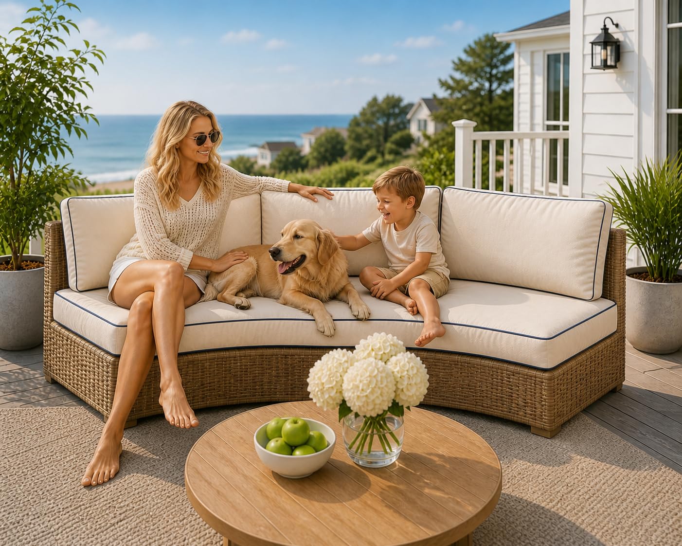 ALUXY Outdoor Half Moon Sofa Cushion 4-Piece Set, Curved Patio Furniture Cushions, Waterproof with Bolster Pillows, Thick & Comfortable, Zippered Removable Cover, Full Cushion Set (Beige)