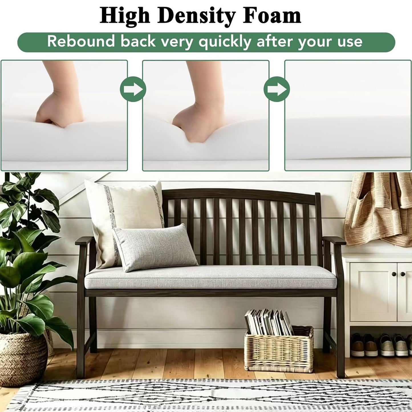 MICUSHION 32 x 12 Inch Piano Bench Cushion for Indoor Shoe Storage with Ties Non Slip Picnic Bench Pad for Kitchen Dining Table Seat, Ash Grey