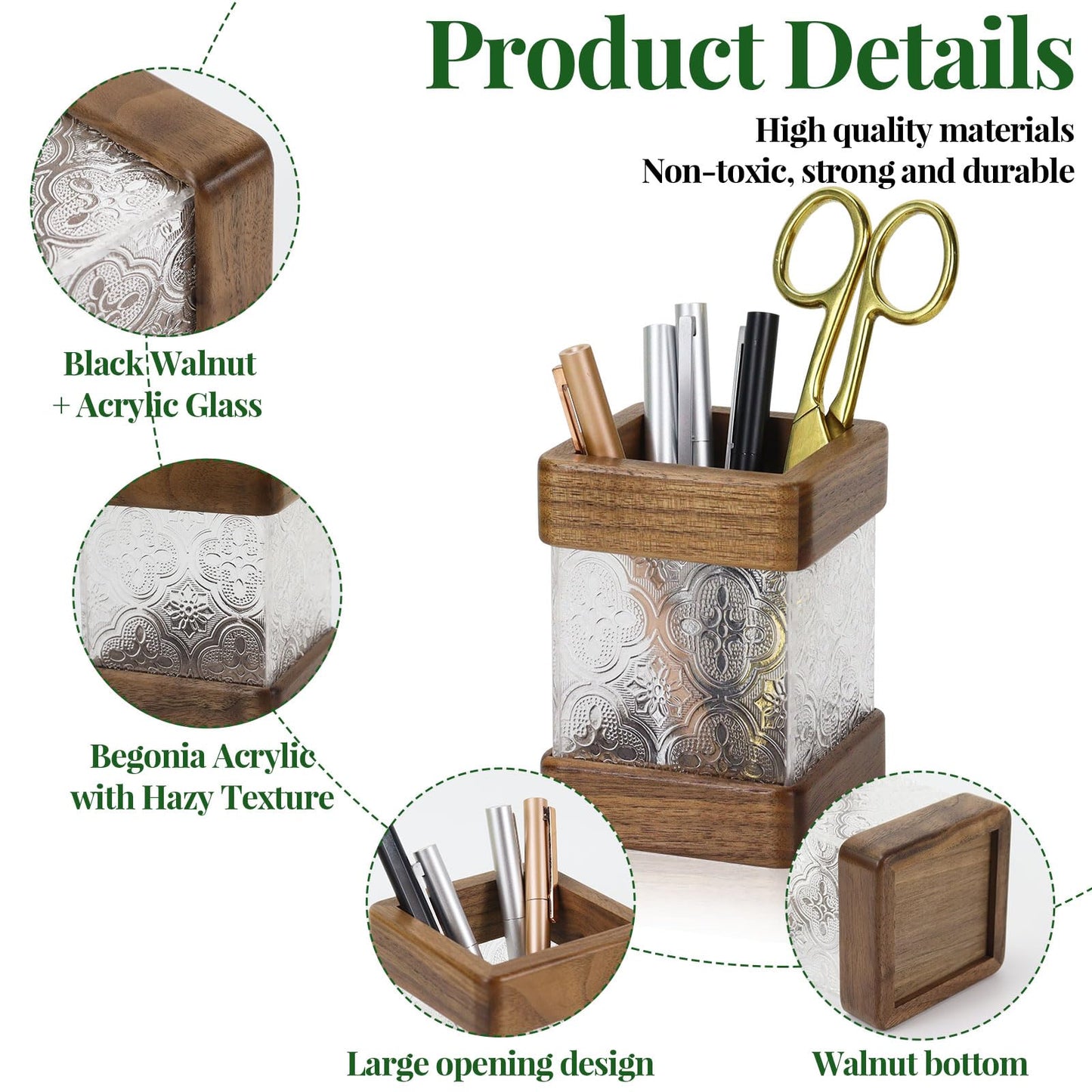 Buqoo 6-Piece Walnut Wood Desk Organizer Set - Pen Holder with Acrylic Insert, Tape Dispenser, Sticky Note Holder, Paper Clip Holder for Home Office School Supplies