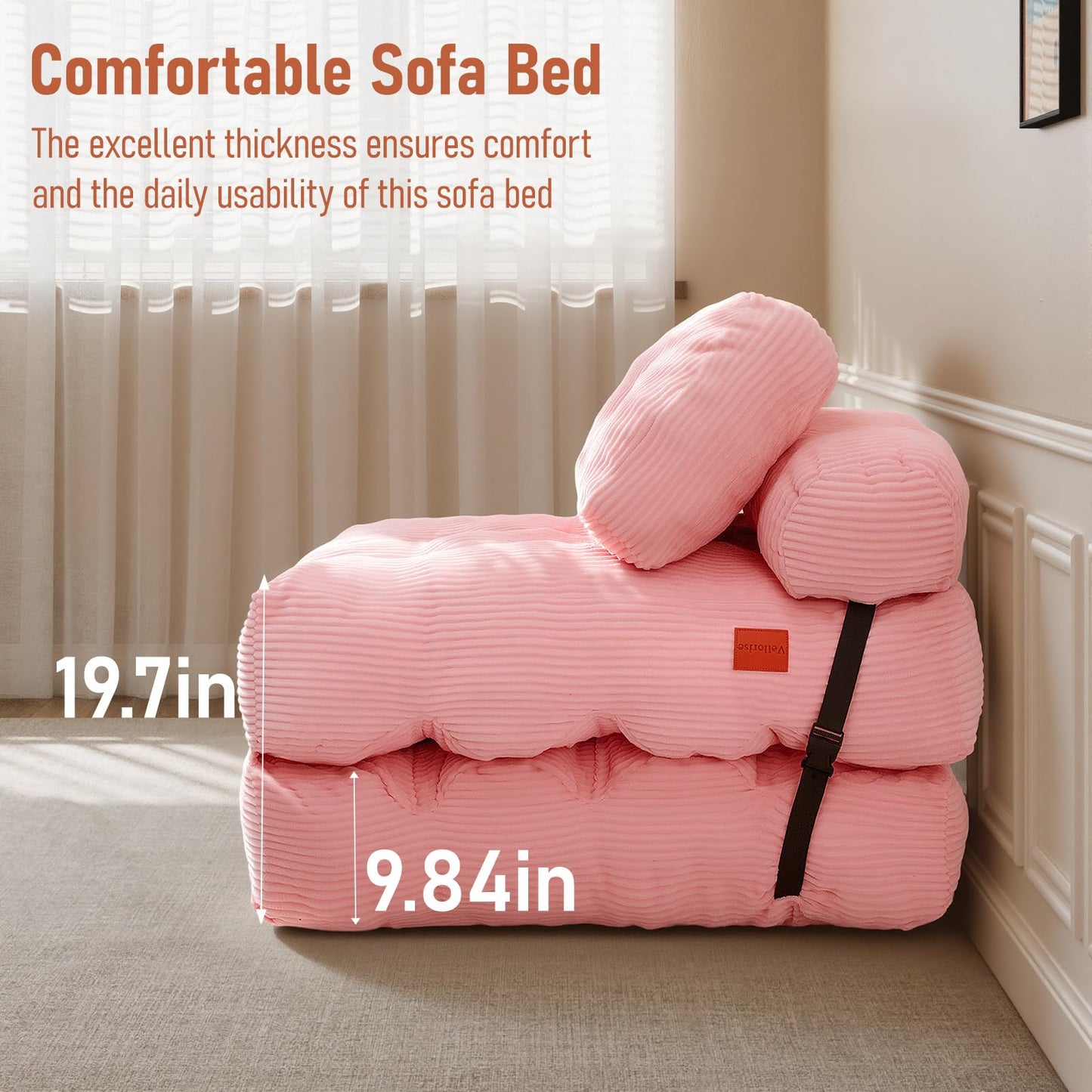 Vellorise Folding Sofa Bed, Convertible Sleeper Chair with Back Support and Pillow Futon,Boneless Foldable Couch for Living Room/Guest Use/Home Office, Foldable Chair Bed for Adults, Pink