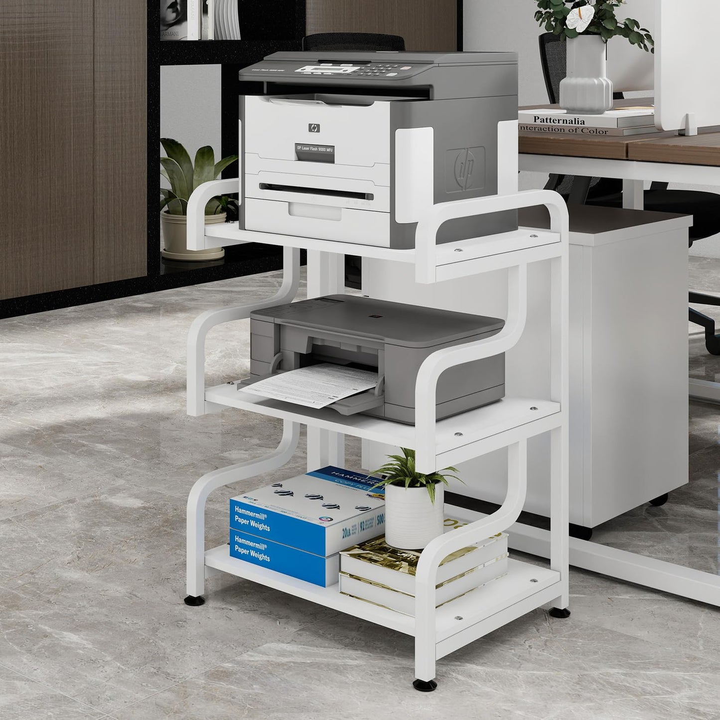 Natwind 3-Tier Printer Stand with Wheels Movable Storage Cart Floor-Standing Multi-Purpose Shelf Rack for Media Player Scanner Files Books Microwave Oven in Kitchen Living Room Home Office (White)