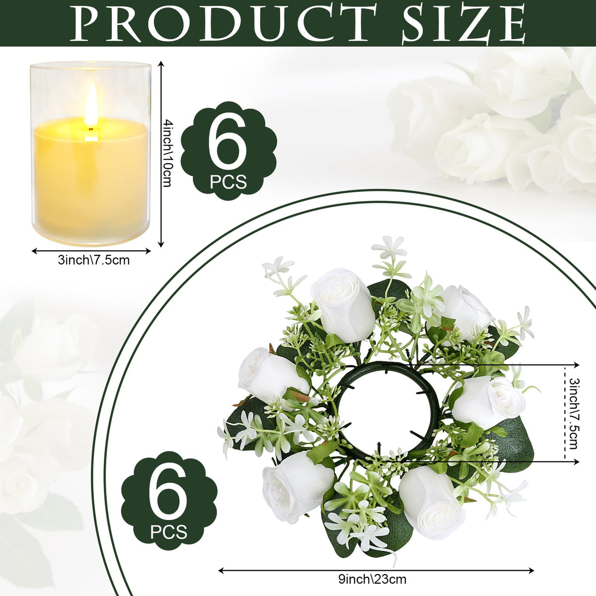 Tobilu 12 PCS Artificial Roses Rings - 3 Inch Roses Flower Wreaths with LED Candles Eucalyptus Pillar Holder Wreath for Wedding Table Centerpiece Home Decorations, White, 6 Sets
