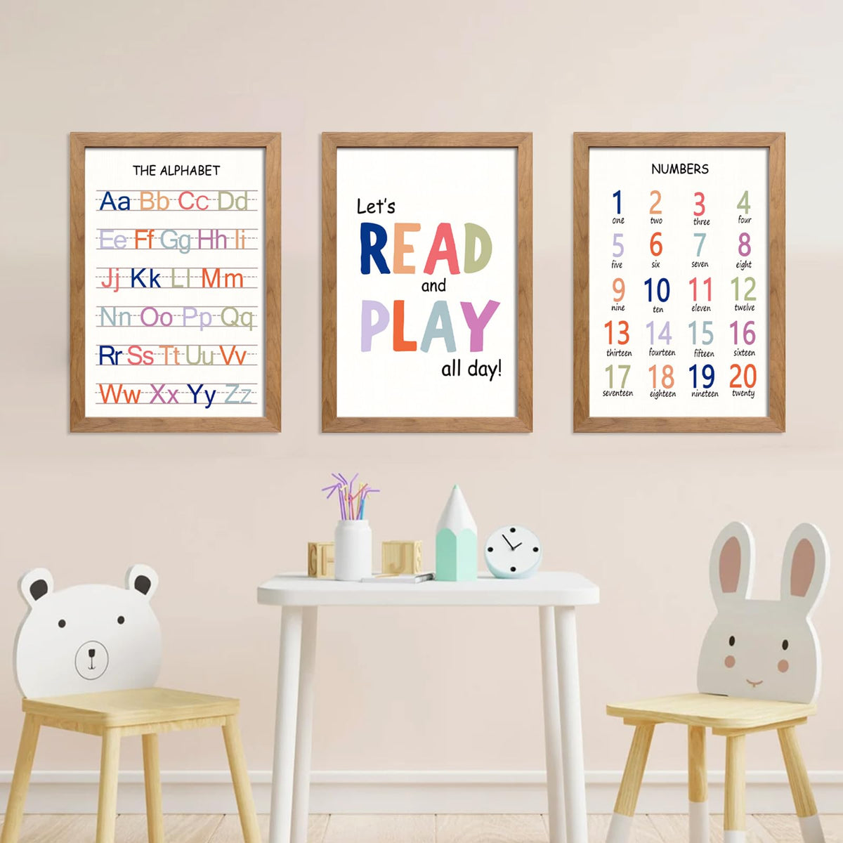 Cute Alphabet Numbers Framed Wall Art Set of 3, Boho Educational ABC Poster Wooden Sign for Baby Girl Kid Boy Toddlers, Neutral Preschool English Letters Nursery Decor for Homeschool Playroom Daycare