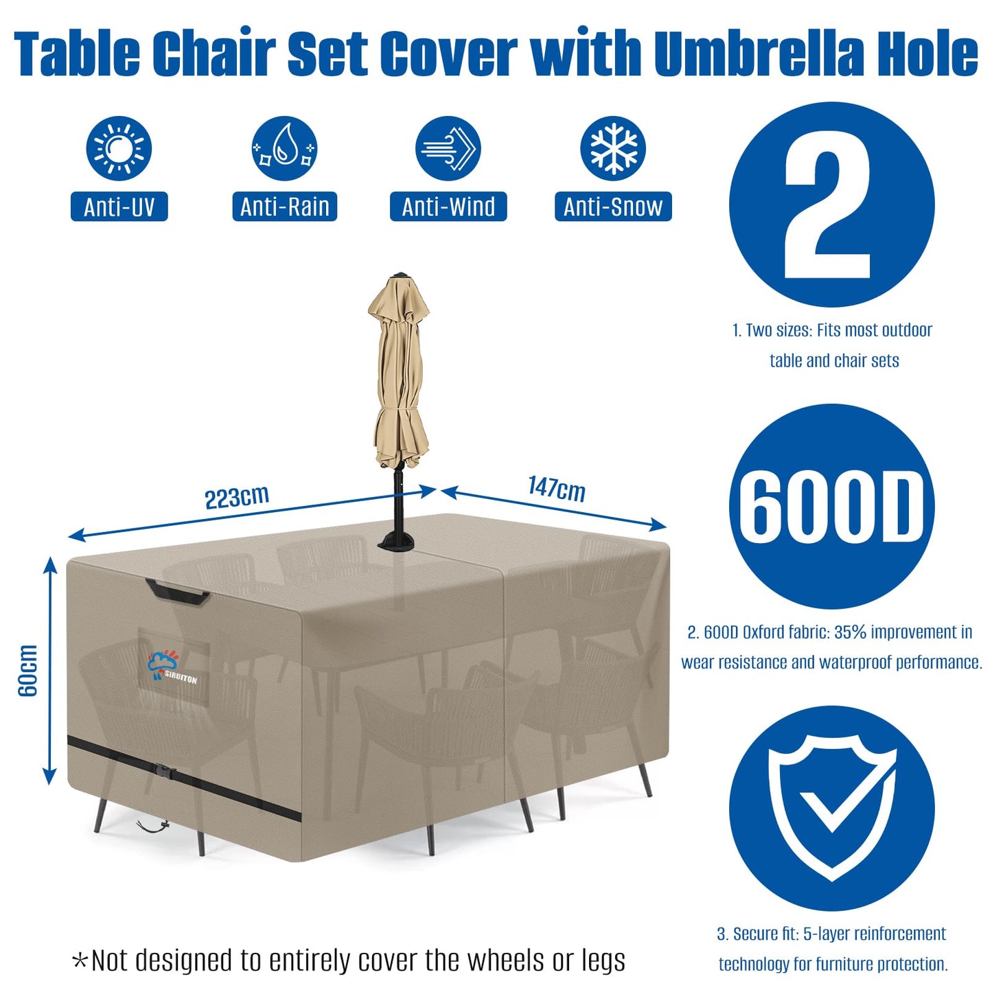SIRUITON Rectangle Patio Table Cover with Umbrella Hole Heavy Duty 600D Oxford Fabric Outdoor Waterproof Lawn Patio Furniture Covers