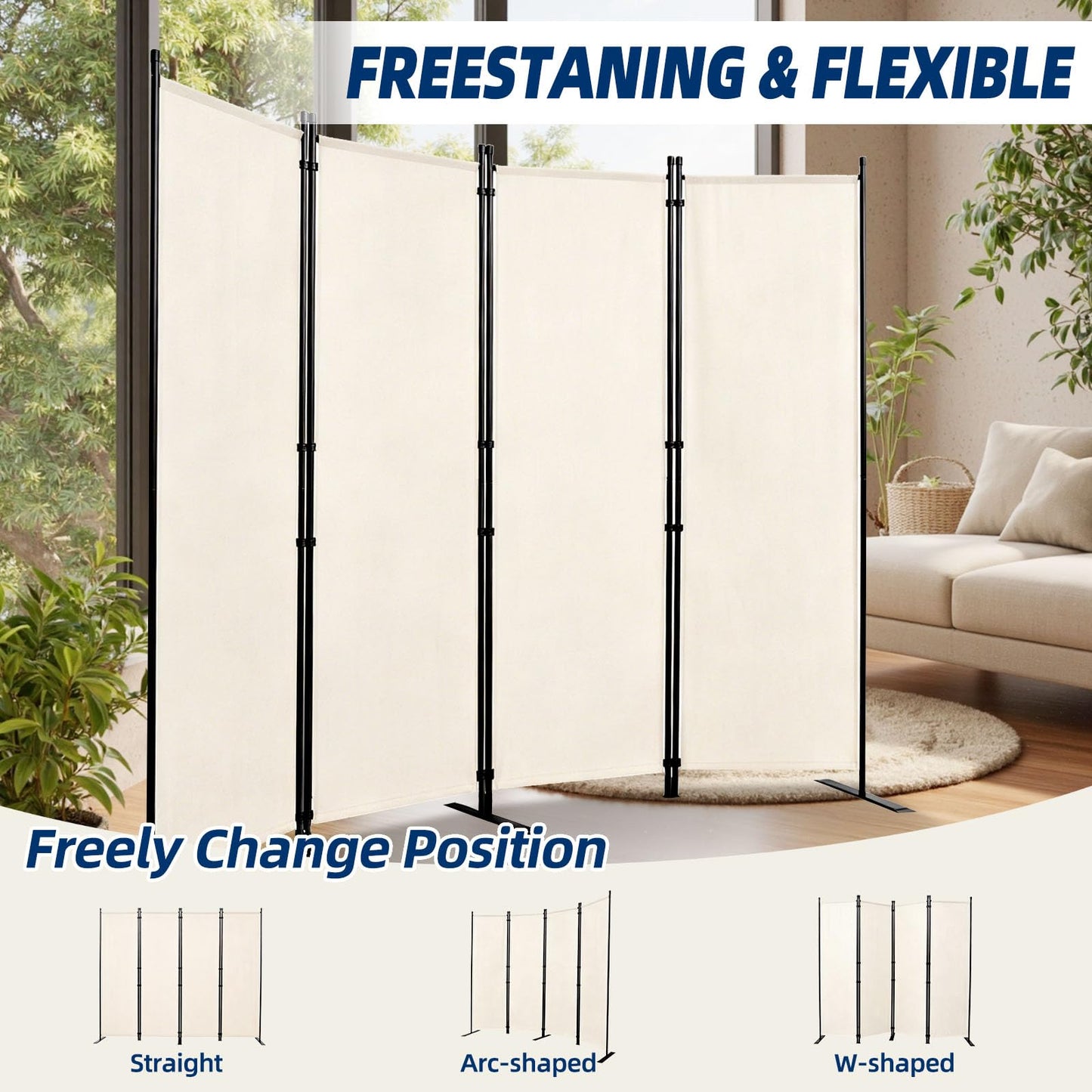Room Divider and Folding Privacy Screens, 4 Panel 88in Wide Room Divider Wall Screen for Room Separtition, Partition Room Dividers Fabric Panel Wall Dividers for Office, Bedroom, Studio Dorm, Beige