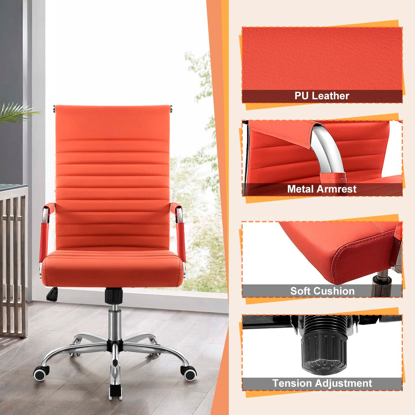 Shahoo Ribbed Office Chair, Mid-Back PU Leather Office Chair Executive Task Chair with 360° Swivel Wheels for Conference Room, Home Offices (Orange)