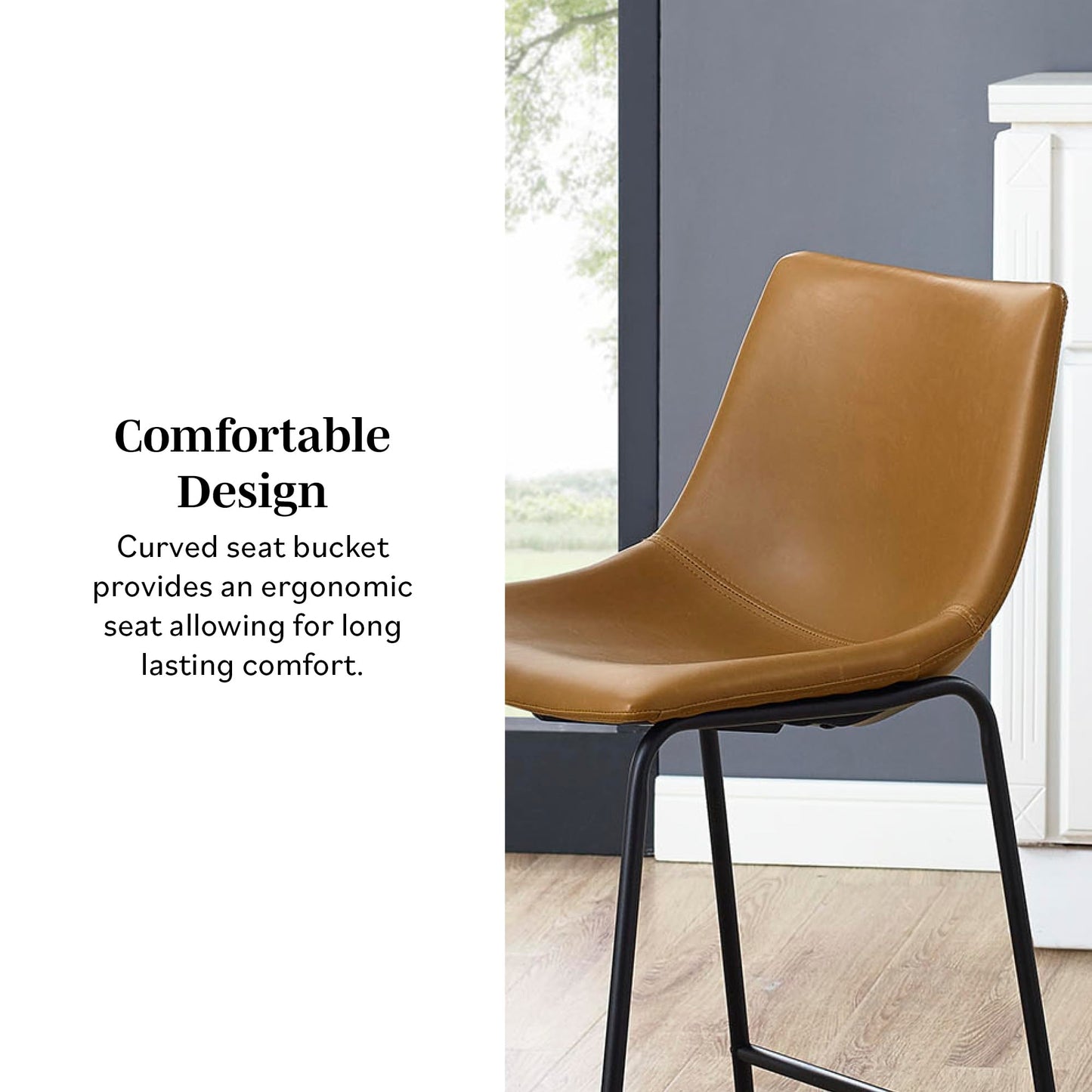 Walker Edison Douglas Urban Industrial Faux Leather Armless Counter Chairs, Set of 2, Whiskey Brown