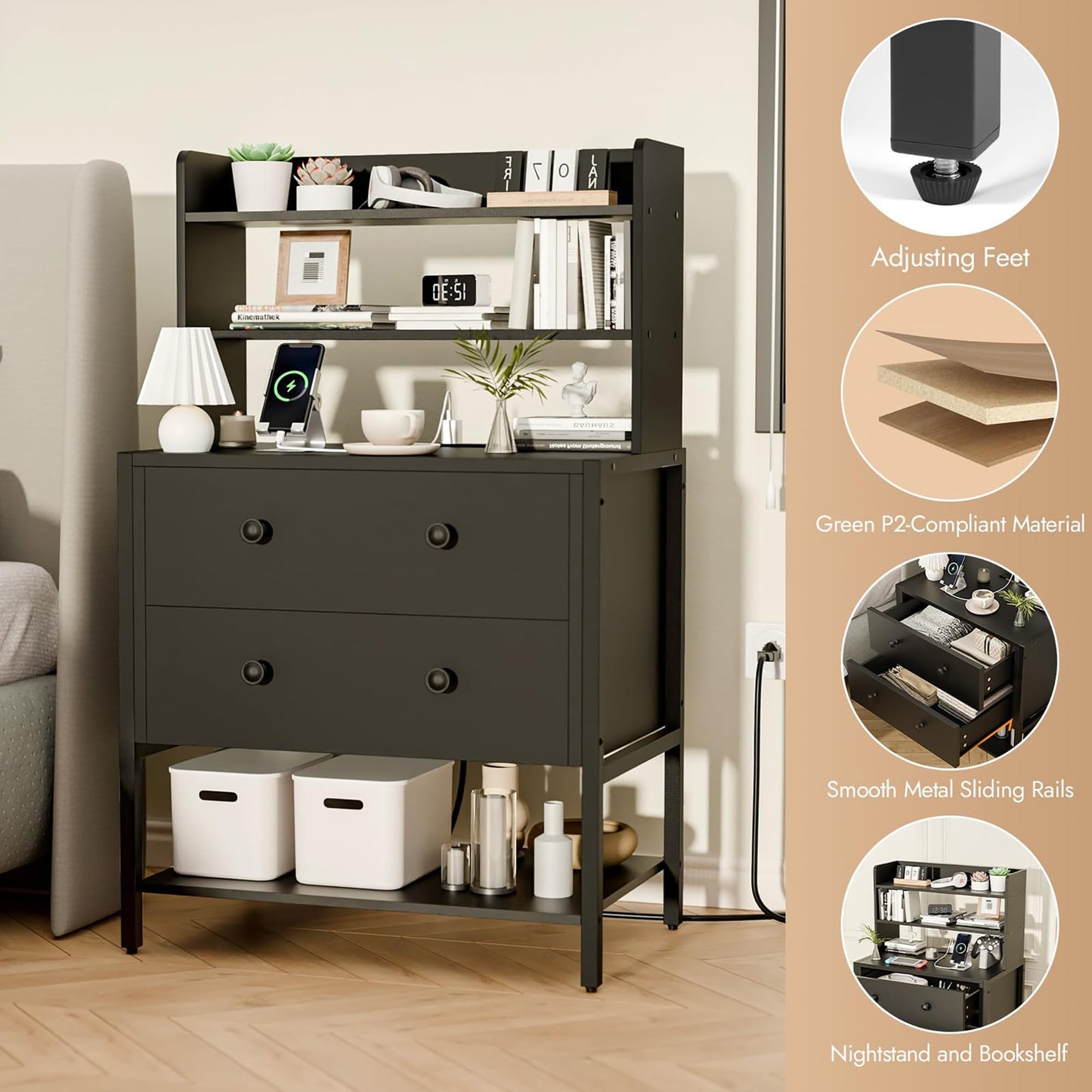 PATAVOT 24 Inch Wide Night Stand, Large Wooden Night Stand with 2 Adjustable Drawes, Tall Nightstand with 4-Tier Shelves and Charging Station, Bedside Table for Living Room/Bedroom/Office, Black.