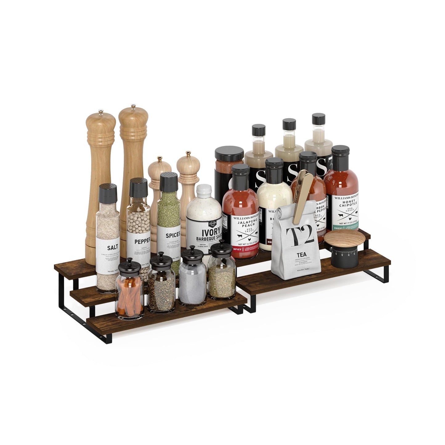 Furinno Ravel Expandable Kitchen Countertop Organizer Set of 2, 3-Tier Rustic Brown Counter Shelves, Kitchen Storage, Spice Rack, for Kitchen, Pantry, Coffee Bar, Amber Oak