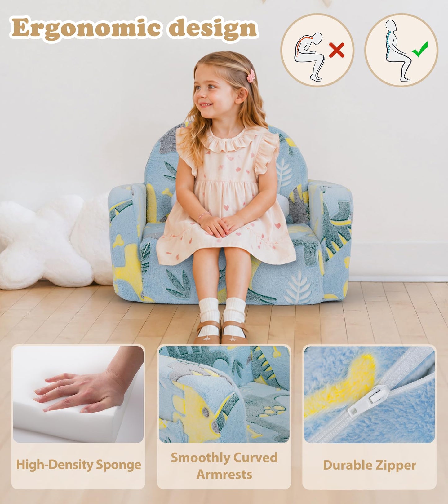 Kids Couch, 2-in-1 Soft Toddler Couch Fold Out with Blanket and Cloud Pillow, Glow in The Dark, Toddler Chair Comfy, Convertible Sofa, Gifts for Kids Girl Boys, Medium Dinosaur
