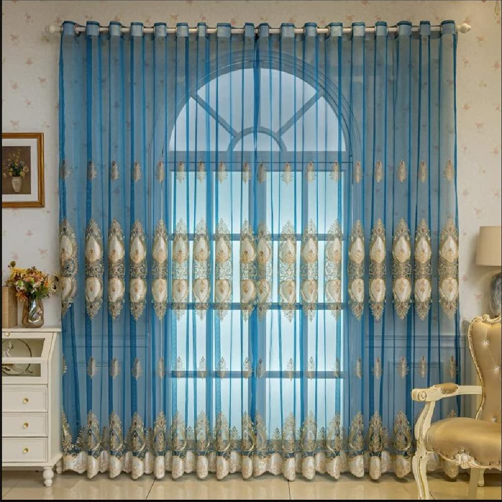 Amidoudou 1 Pair European Jacquard Sheer Curtains Luxury Embroidered Tulle Curtains for Living Room Bedroom (Blue and Gold,51x84 Inch)