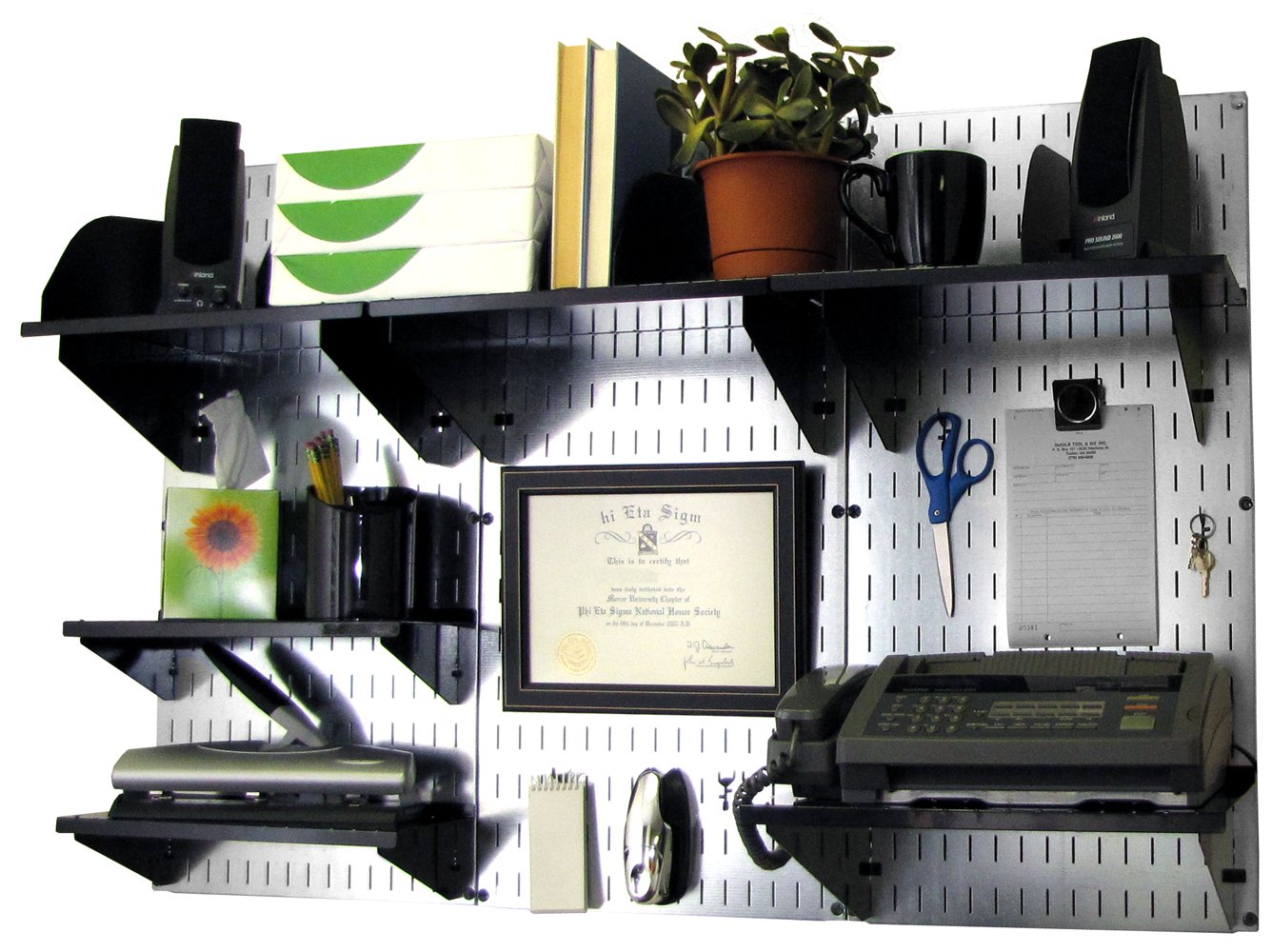 Wall Control Office Organizer Unit Wall Mounted Office Desk Storage and Organization Kit Metallic Slotted Wallboards and Black Accessories
