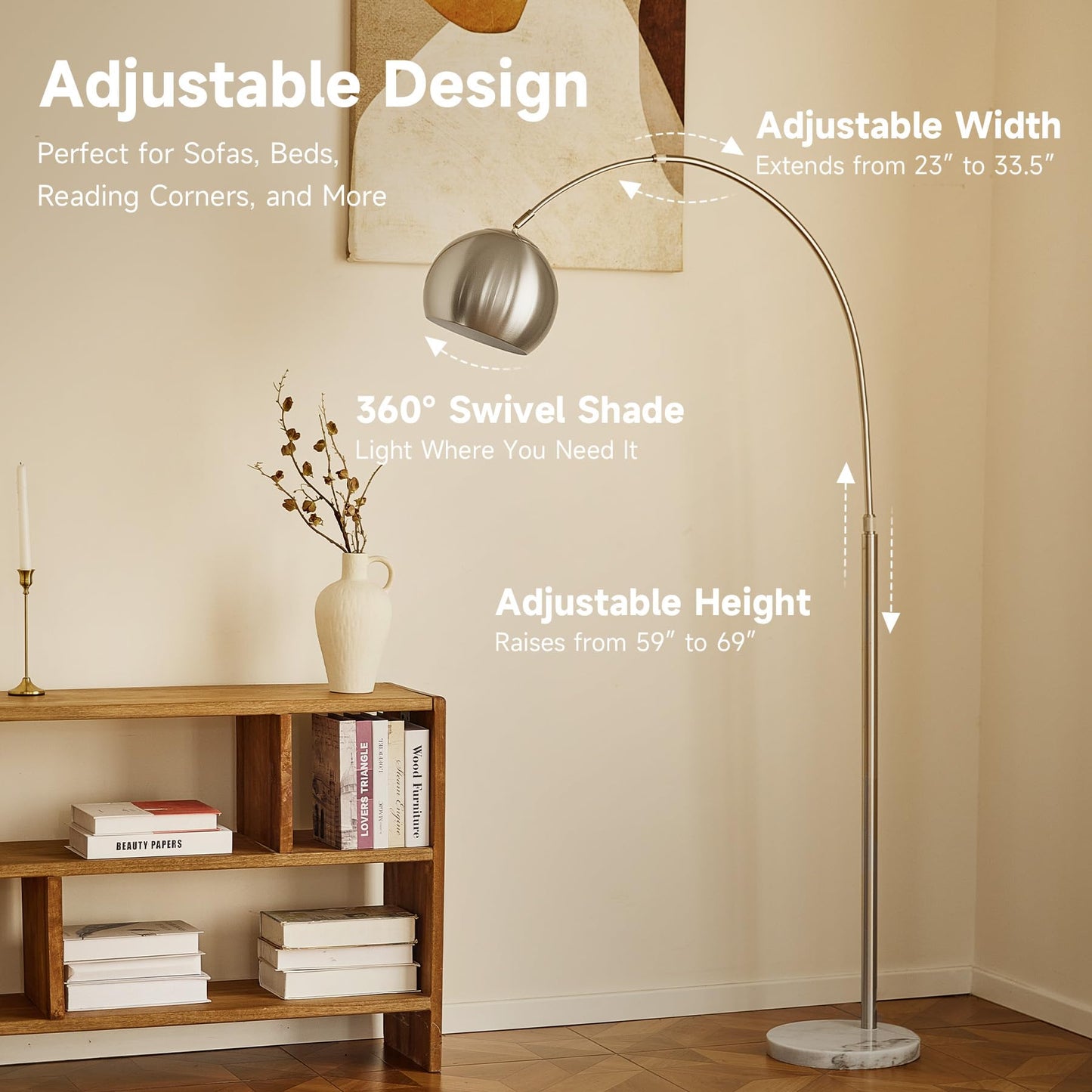 CO-Z Modern Floor Lamp for Living Room, Brushed Nickel Arc Floor Lamp with LED Bulb, Marble Base Contemporary Tall Lamp for Living Room Couch Sofa, Height Up to 69 Inch