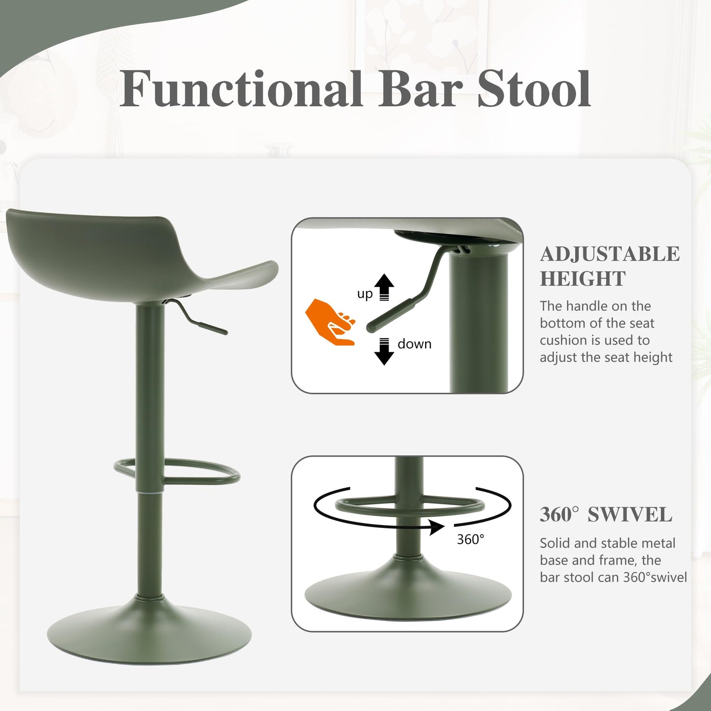 YOUNIKE Adjustable Height Bar Stools Set of 2 Plastic Swivel Barstool with Low Back Modern Kitchen Counter Island Bar Chairs for Breakfast Nook Cafe Bars Olive Green