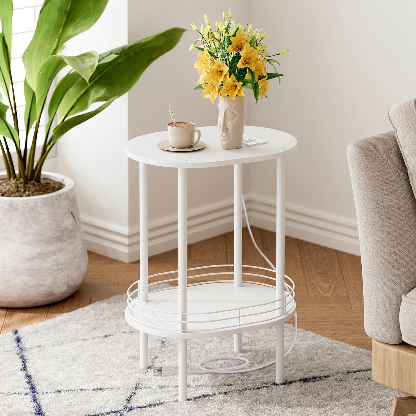DGSANDGO White Side Table with Charging Station,Side Tables Living Room,Nightstand with USB Ports and Outlets,Samll End Table for Small Space,Living Room,Bedroom, Nursery,(1PC,White)