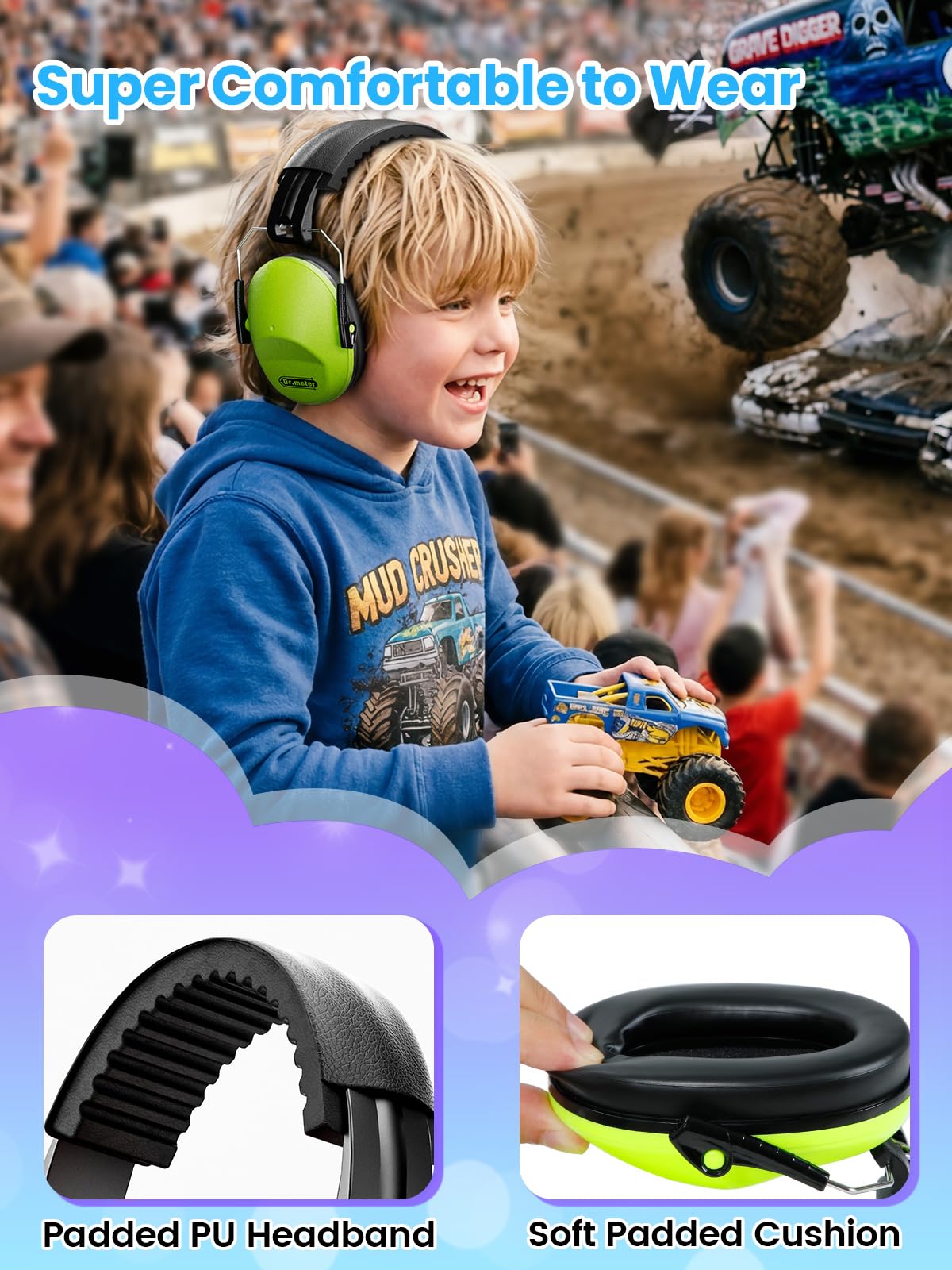 Dr.meter Ear Muffs for Noise Reduction: 27.4SNR Noise Cancelling Headphones for Kids Adults, EM100 Adjustable Hearing Protection Earmuffs for Monster Jam, Autism Sensory, Concerts, Fireworks