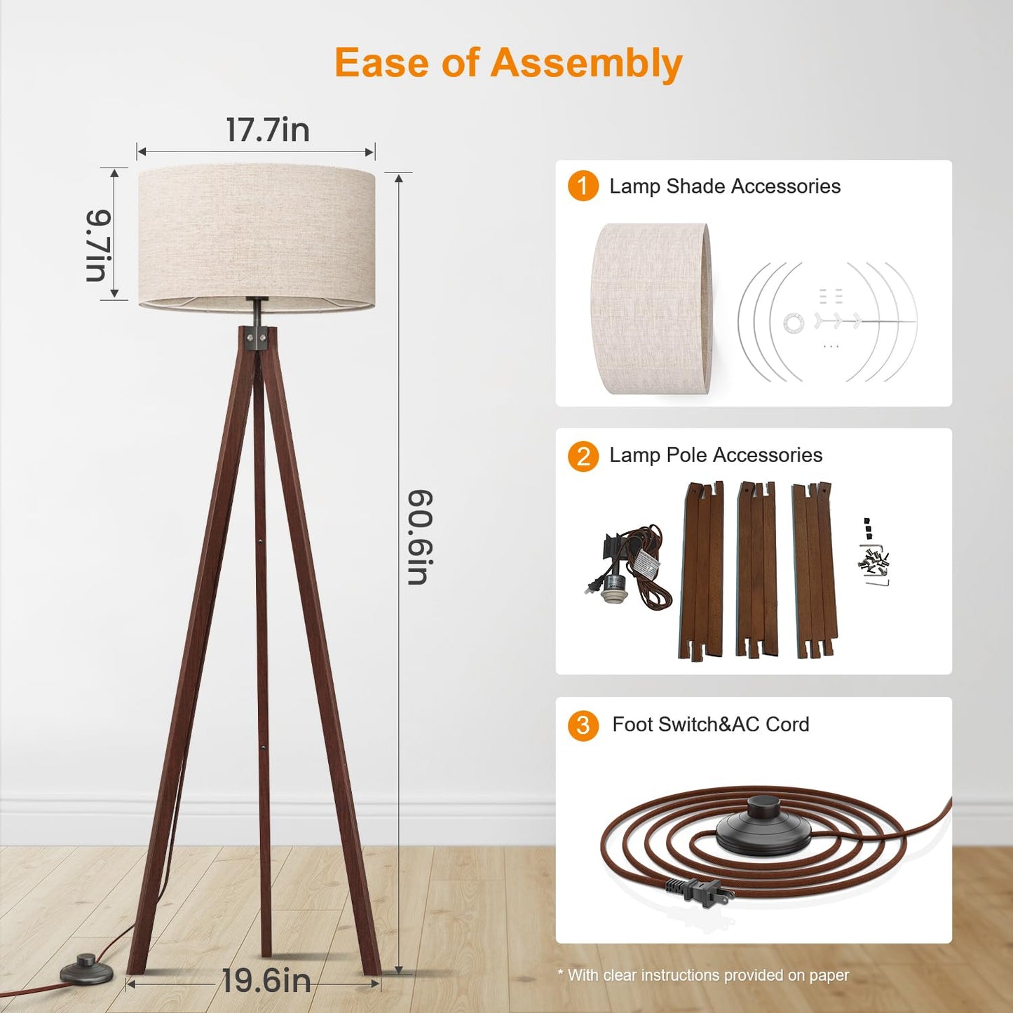 LEPOWER Wood Tripod Floor Lamp, Mid Century Standing Lamp, Modern Design Studying Light for Living Room, Bedroom, Study Room and Office, Flaxen Lamp Shade with E26 Base Walnut