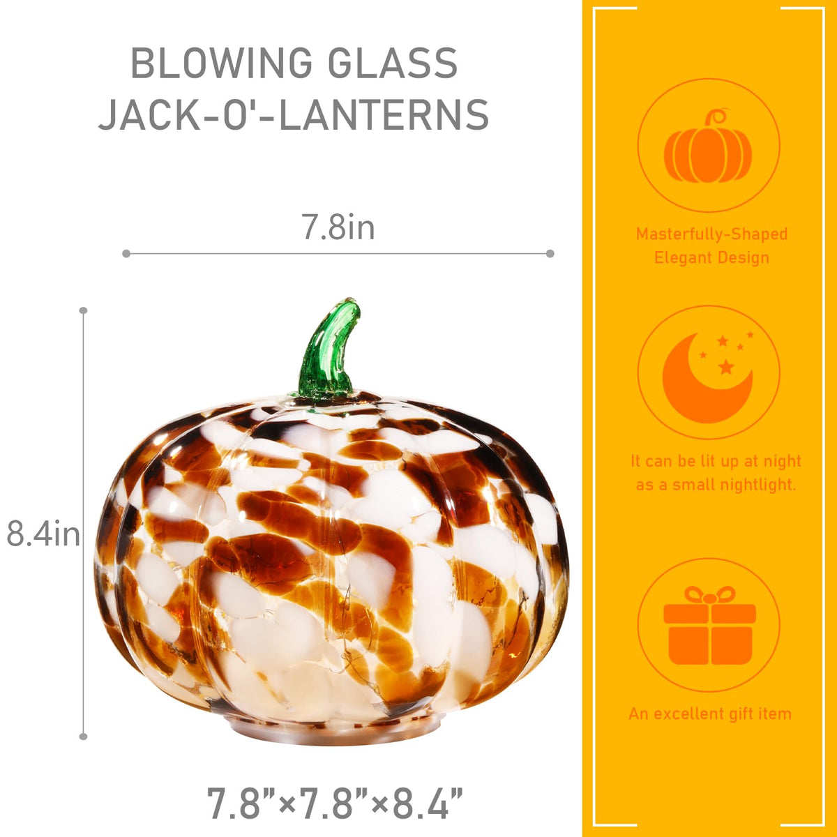 Naboher Handcrafted Glass Pumpkin with Warm LED Lights - Halloween & Thanksgiving Decor, Gift-Worthy Fall Home Decoration, 5.9-Inch Light-Up Tabletop Centerpiece (Green Leaf Coffee and Purple)