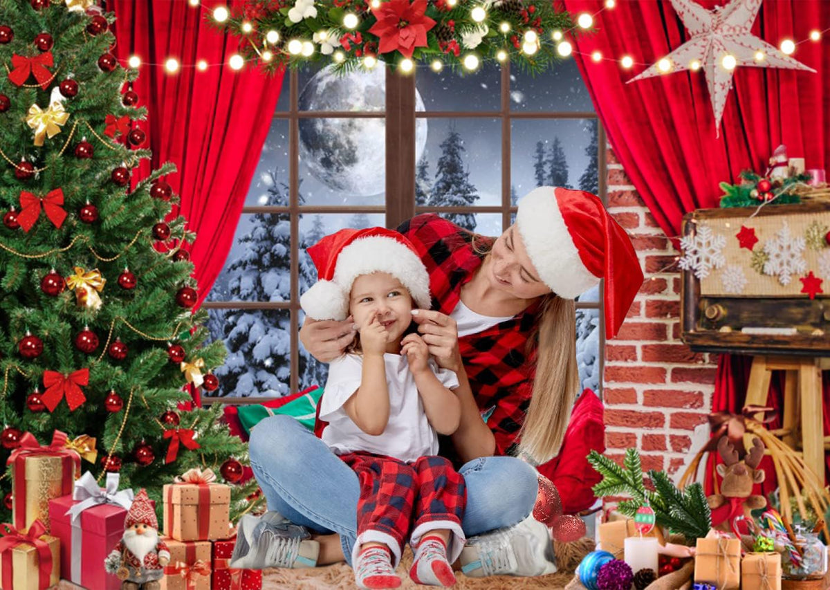 Diasynig 5x4FT Christmas Backdrop Window Red Curtain Xmas Tree Gifts Forest Snow Scene Photography Background Family Kids Winter Holiday Christmas New Year Party Decorations Banner Photo Booth Props