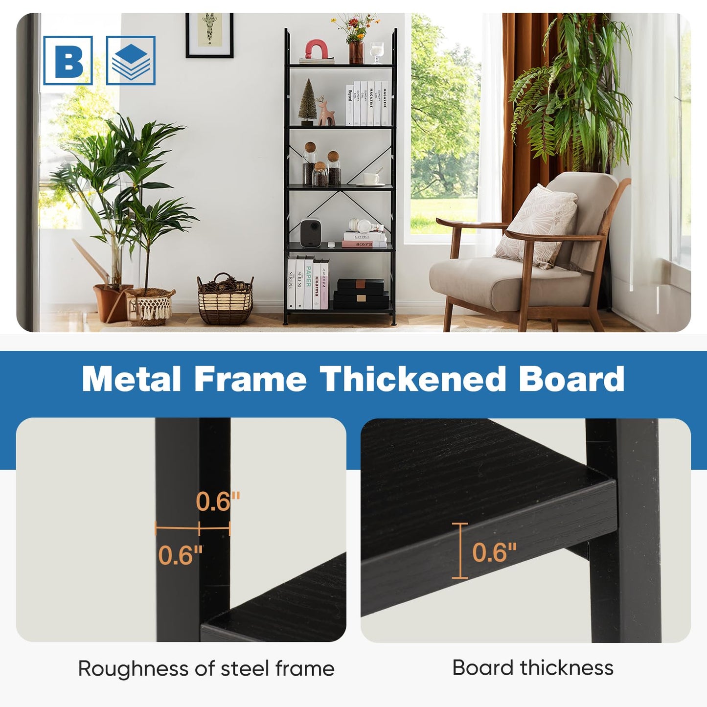 DUMOS 5 Tiers Open Bookshelf, Classic Freestanding Tall Display Shelf, Multifunctional Storage Organizer Rack for Living Room Home Office, Sturdy Bookcase for CDs/Books/Movies, Modern Black