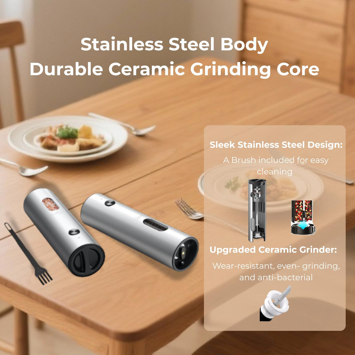 Electric Salt And Pepper Grinder Set, Rechargeable Dual Charging Base, Automatic Refillable Pepper Mills, with 110ml Large Capacity, Adjustable Coarseness & LED Light, Ideal for Kitchen, Outdoor & BBQ