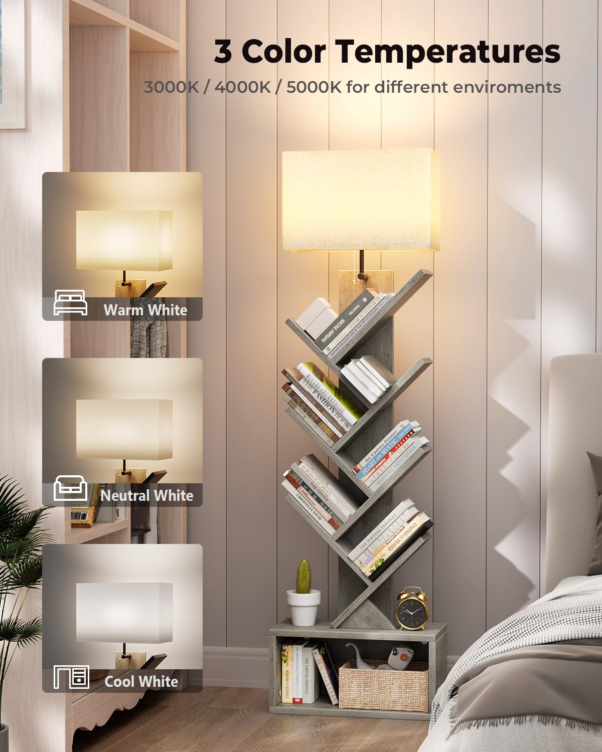 Evermagin 6 Tier Tree Bookshelf with Light, Narrow Bookcase Tower, Tall Floor Standing Book Shelf Organizer with Storage Cabinet for Living Room, Bedroom and Home Office, Gray