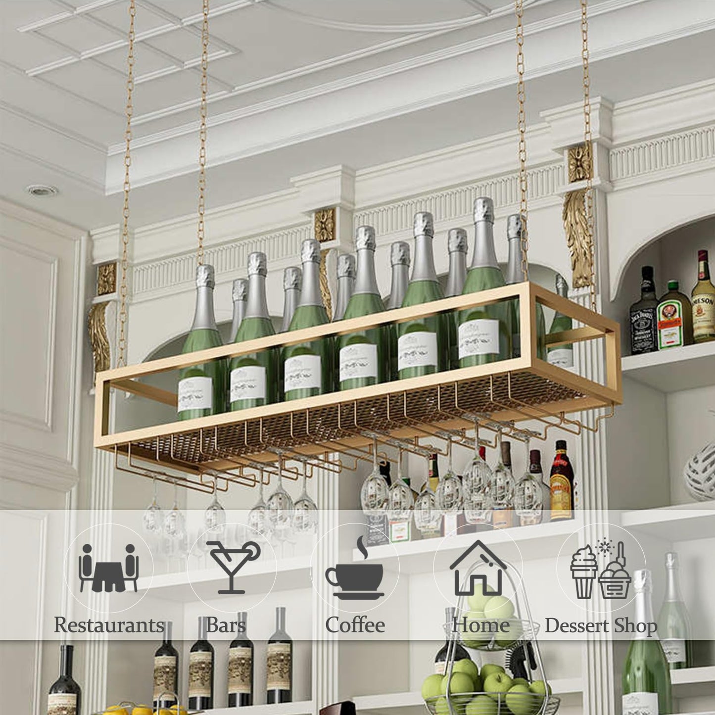 GFRWKCEX Hanging Wine Rack, Metal Ceiling Mounted Suspended Wine Glass Holder, Wall Wine Stand for Wine Bottles for Restaurant Cafe Kitchen, Floating Wine Storage Shelf(80x25x20cm)