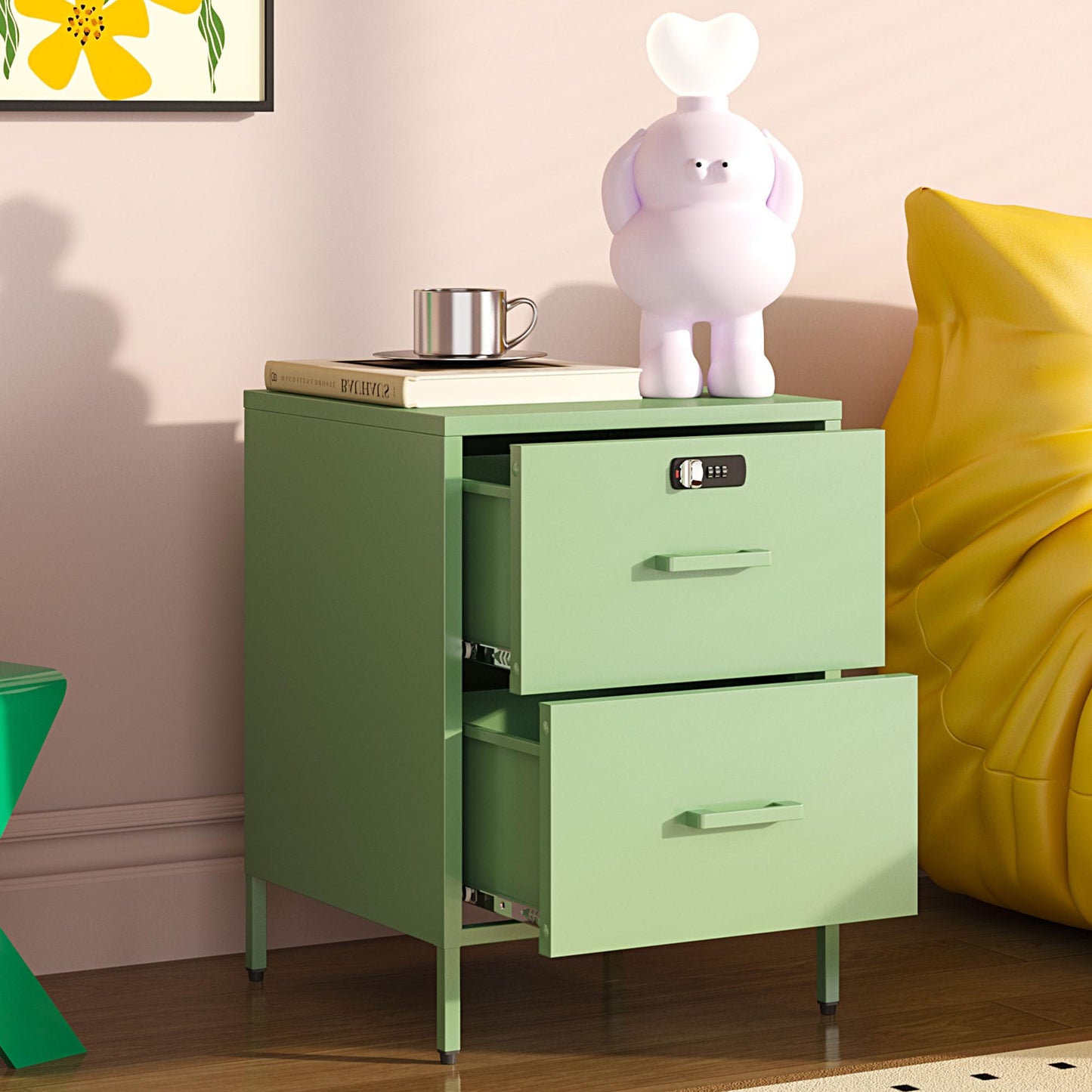 Steehoom Metal Nightstand with Lock, 2 Drawer End Side Table, Lockable Storage Cabinet Kids Cabinet for Living Room, Bedroom, Dorm, 21.26”H X 15.75”W X 15.75”D (2 Drawer, Green)