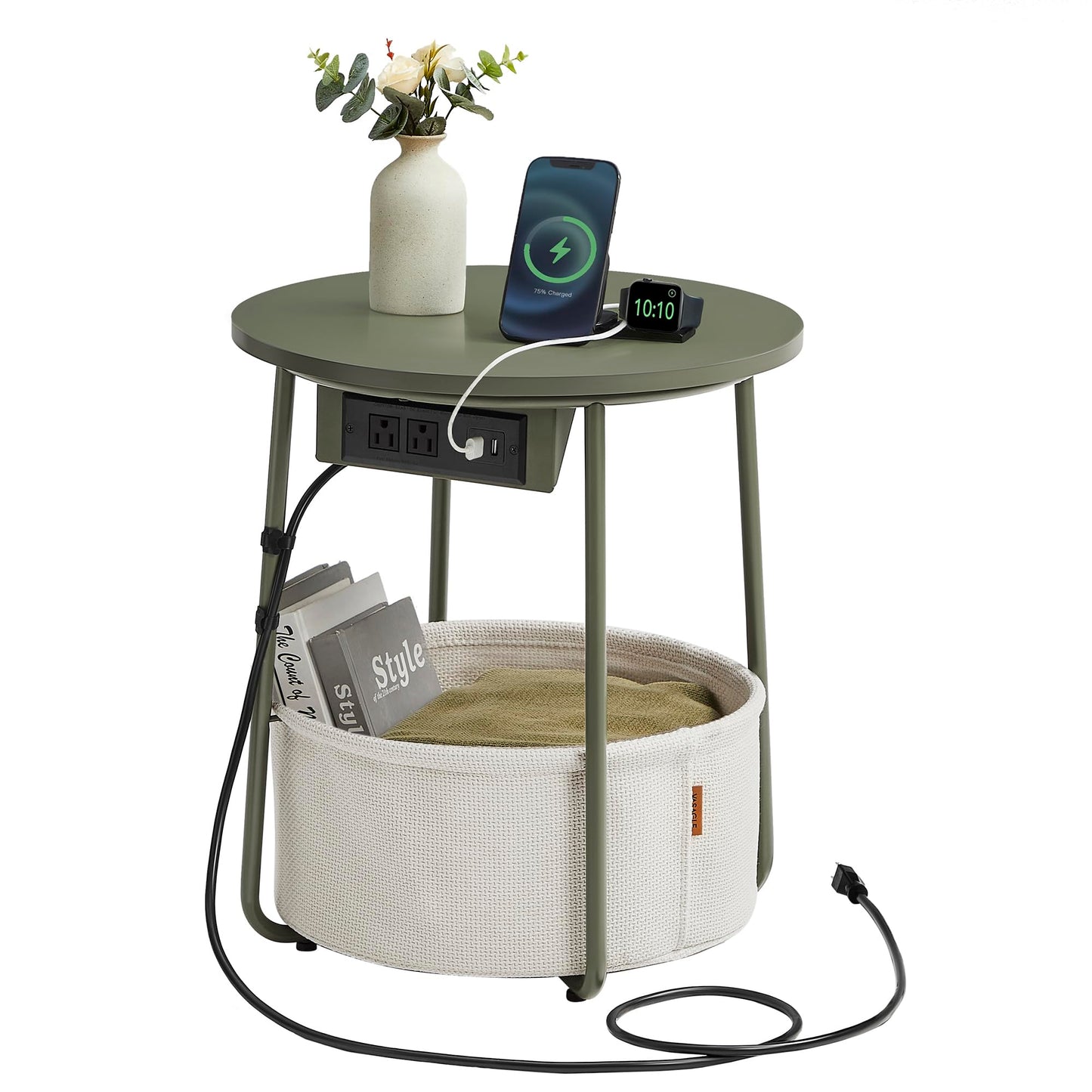 VASAGLE LILEA Collection - Side Table with Charging Station, Round End Table with Fabric Basket, Nightstand with USB Ports, for Living Room, Bedroom, Modern, Forest Green and Cream White ULET228C04