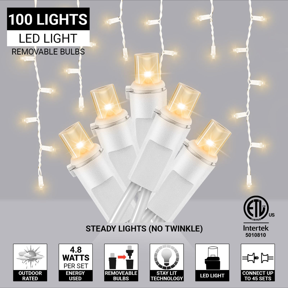 LAMPHOME Warm White Christmas Icicle Lights, 6.2Ft 20 Drops 100LED Connectable Waterproof Lights for Xmas, Thanksgiving Day, Party, Patio, Courtyard, Window, Fence Decor
