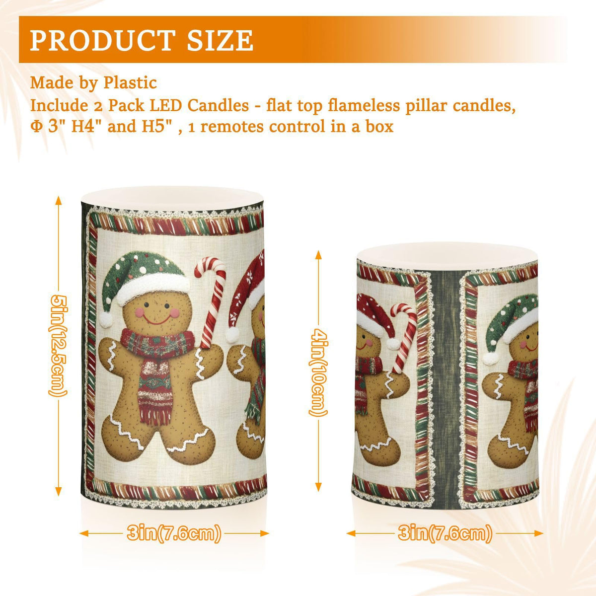 ALAZA Christmas Gingerbread Candy Cane03 Flickering Flameless Candles Battery Operated with Remote Timer,Tea Light Candles LED Pillar Votive Candles Set of 2 for Outdoor Indoor Decorations