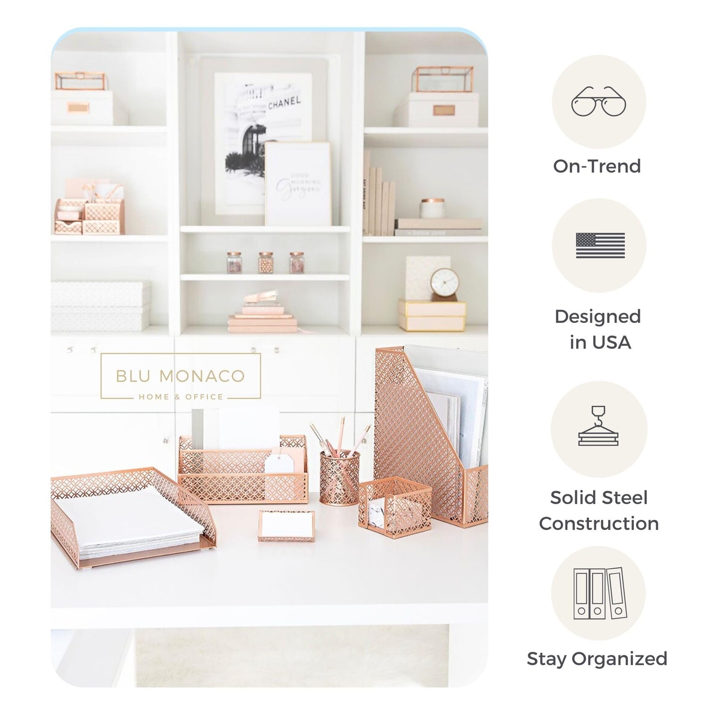 BLU MONACO | Rose Gold Desk Organizer Set | 6 Piece Metal Office Desk Organizer with Mail Sorter, Pen Cup, Sticky Note Holder, Magazine File, Card Holder, Paper Tray | Desk Organizers and Accessories