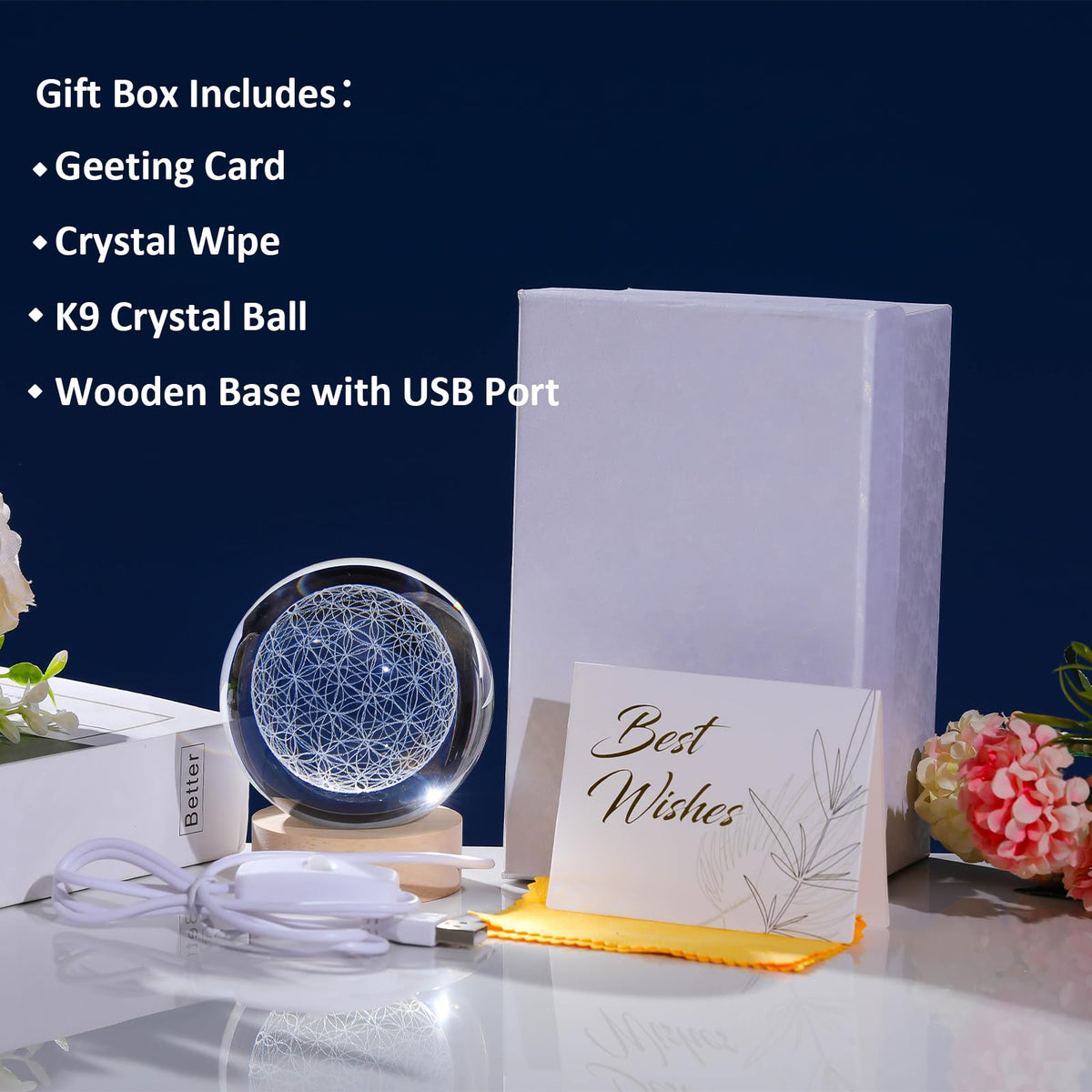 Arikyrist 3D Engraved Flower of Life Crystal Ball, Laser Engraved Grid Flower of Life Sphere Home Decoration, Crystal Engraved Sacred Geometry Glass Sphere Paperweight Ornaments Gifts for Men Women