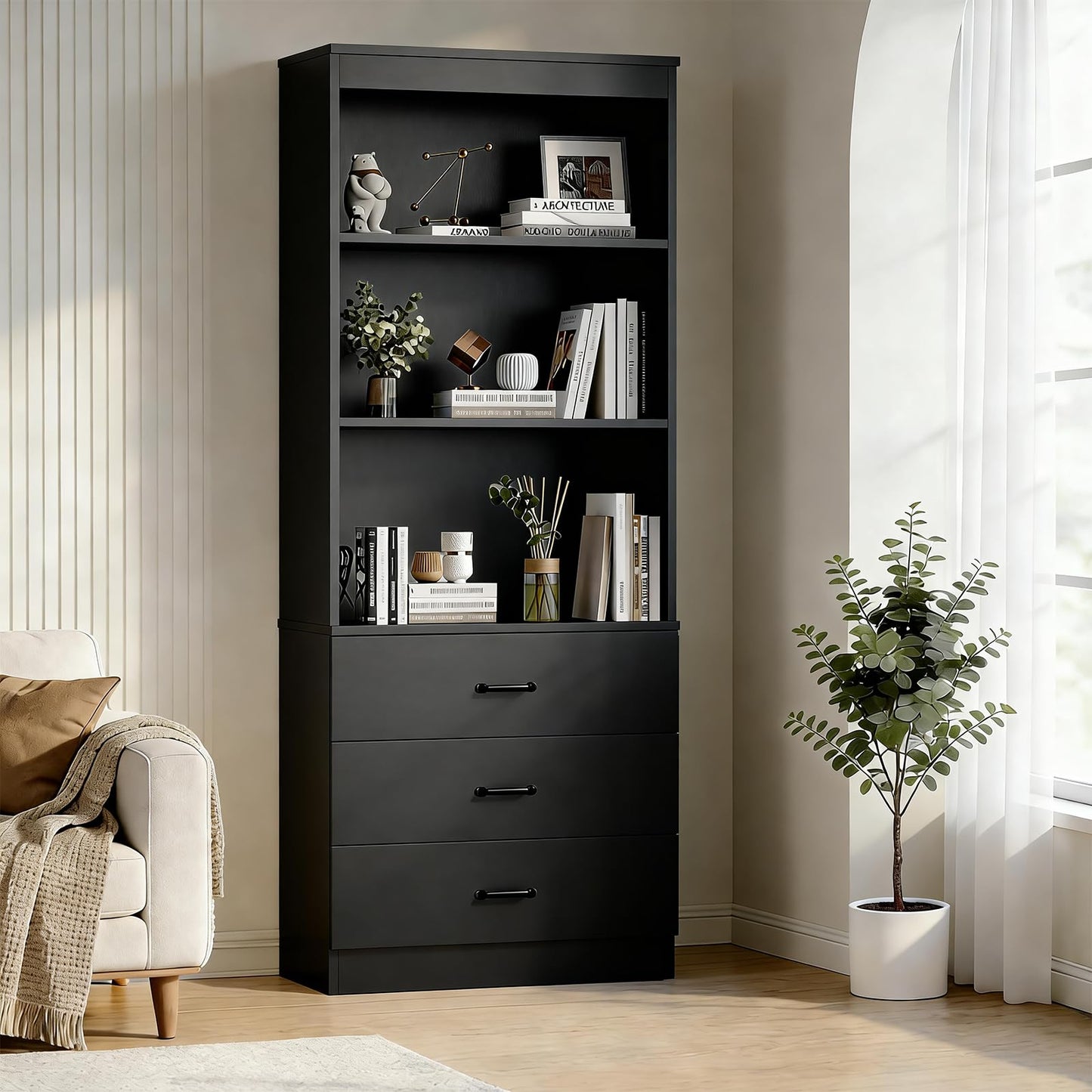 OneBlis 70" H Black Bookshelf with Drawers, Tall Bookcase with 3-Tier Open Shelves, Bookshelf and Bookcase with Storage Cabinet for Home Office,Living Room(Black,6-Tier)