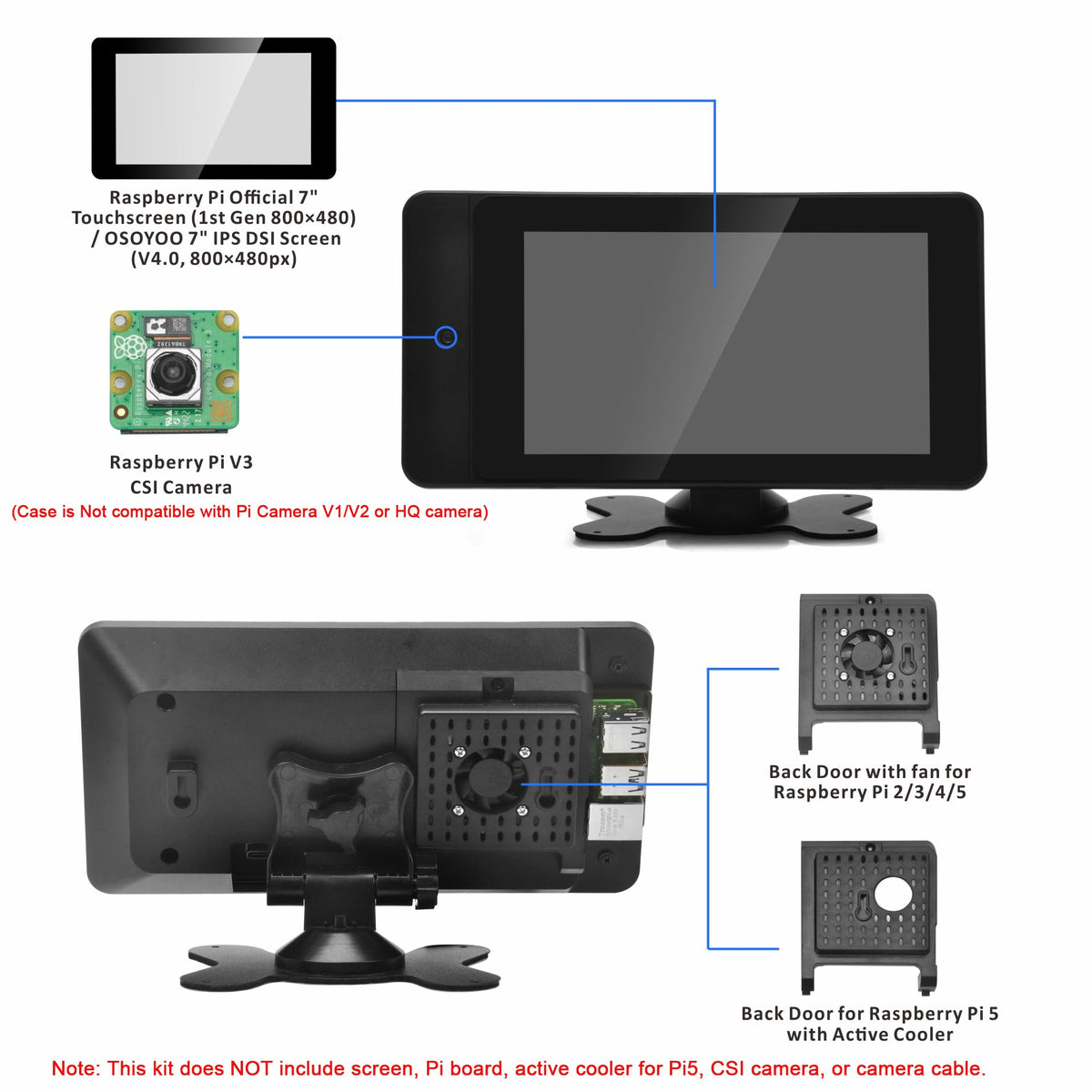 OSOYOO PiStudio Case Designed for Raspberry Pi Official 7" DSI Touchscreen (1st Gen 800x480) & OSOYOO 7" IPS 800×480 DSI Screen – Wall and Desk Mount Stand for Pi 5/4/3 – Friendly Durable Workstation