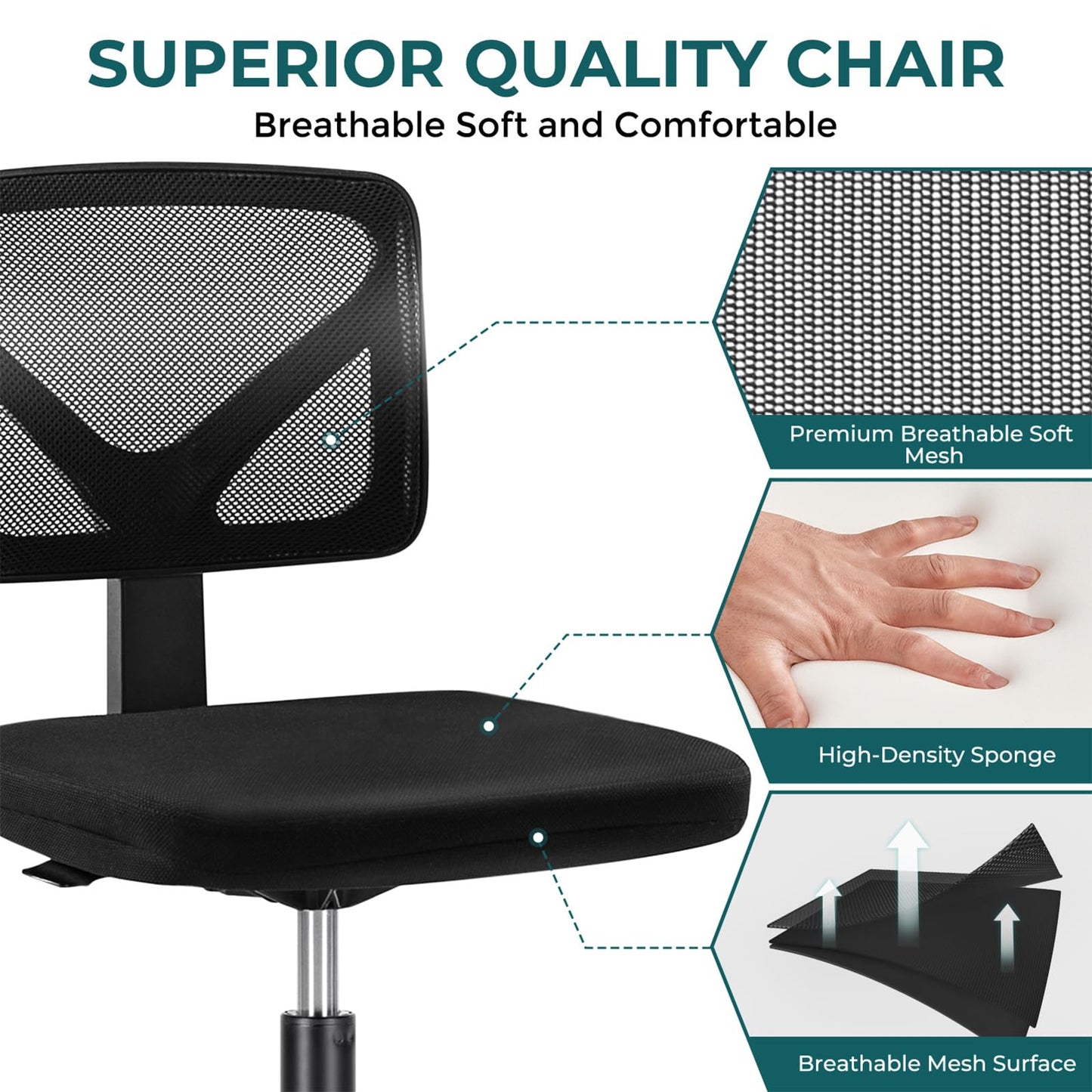DUMOS Armless Desk Chairs Set of 2, Ergonomic Adjustable Home Office Swivel Rolling Task Chair No Arms, Comfy Mesh Mid Back Computer Work Vanity Desk Chiars with Wheels for Small Spaces, Black