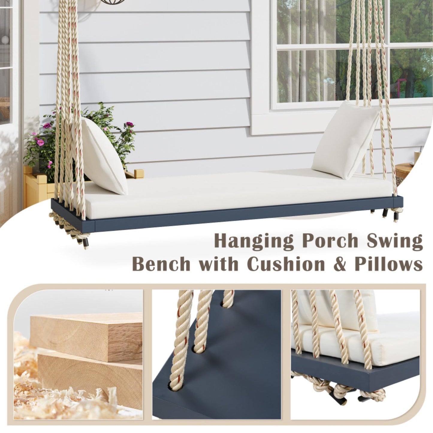 Patio Wooden Swing Chair, Acacia Wood Hanging Porch Swing Bench with Cushion & Pillows, Heavy Duty Hemp Ropes Swing Chair for Garden, Backyard, Lawn & Outdoor Relaxation (Gray)